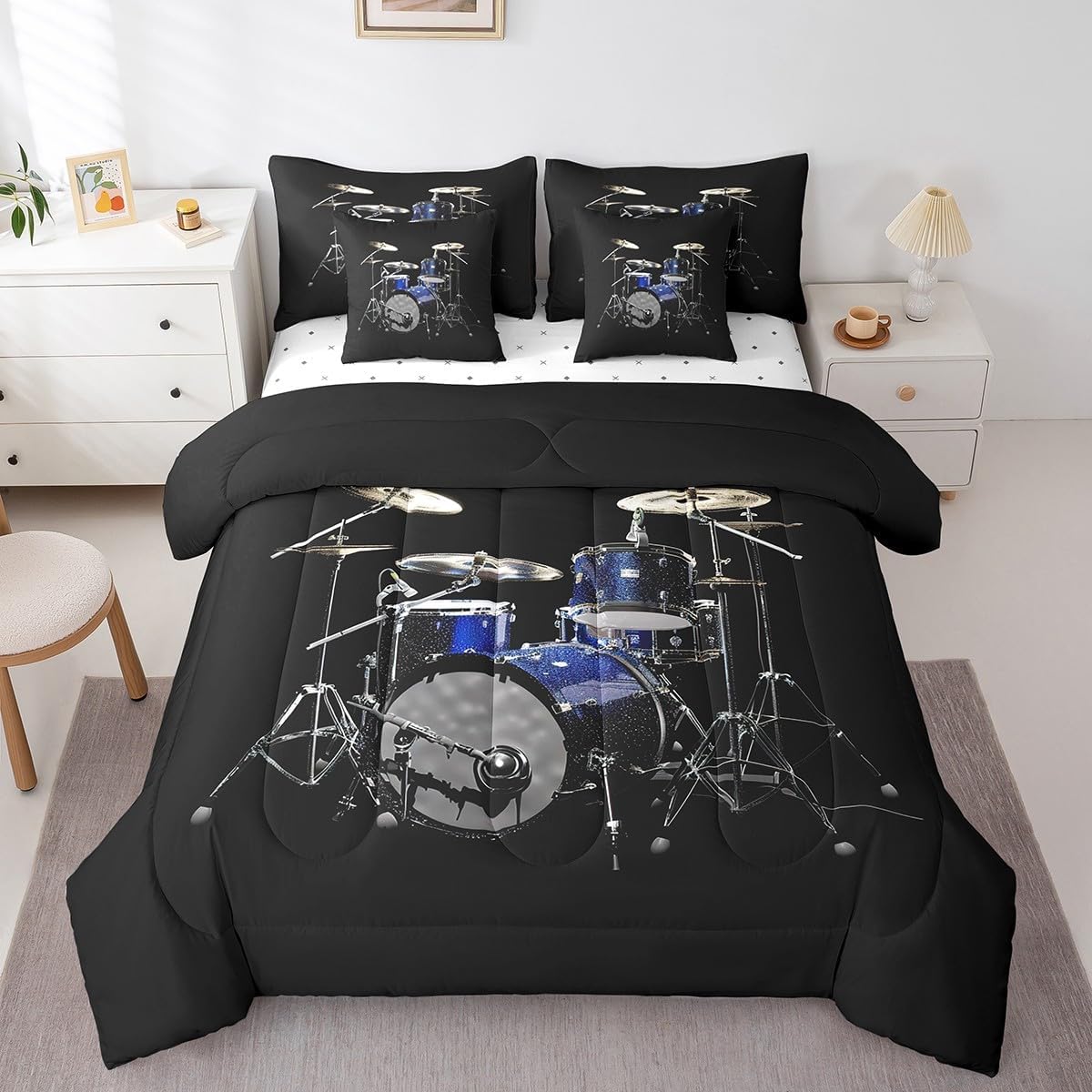 Feelyou Queen Comforter Set 7 Pcs Drum Kit Bed in a Bag for Girls Boys Children Rock Music Themed Bedding Set Modern Musical Comforter Instruments Print Bed Set with Sheets, Pillowcases, Pillow Covers
