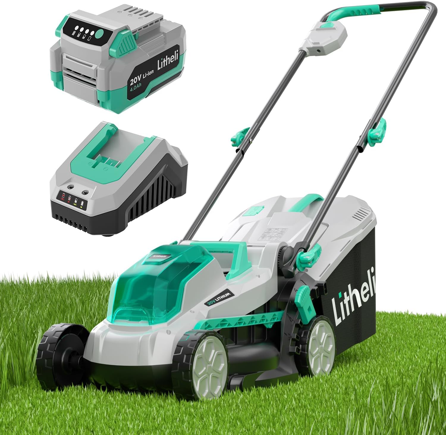Litheli Cordless 13 Inch Cordless Lawn Mower 5 Heights 20V Electric Push Brushless Lawnmower for Garden, Yard, 4.0Ah Battery & Charger Included