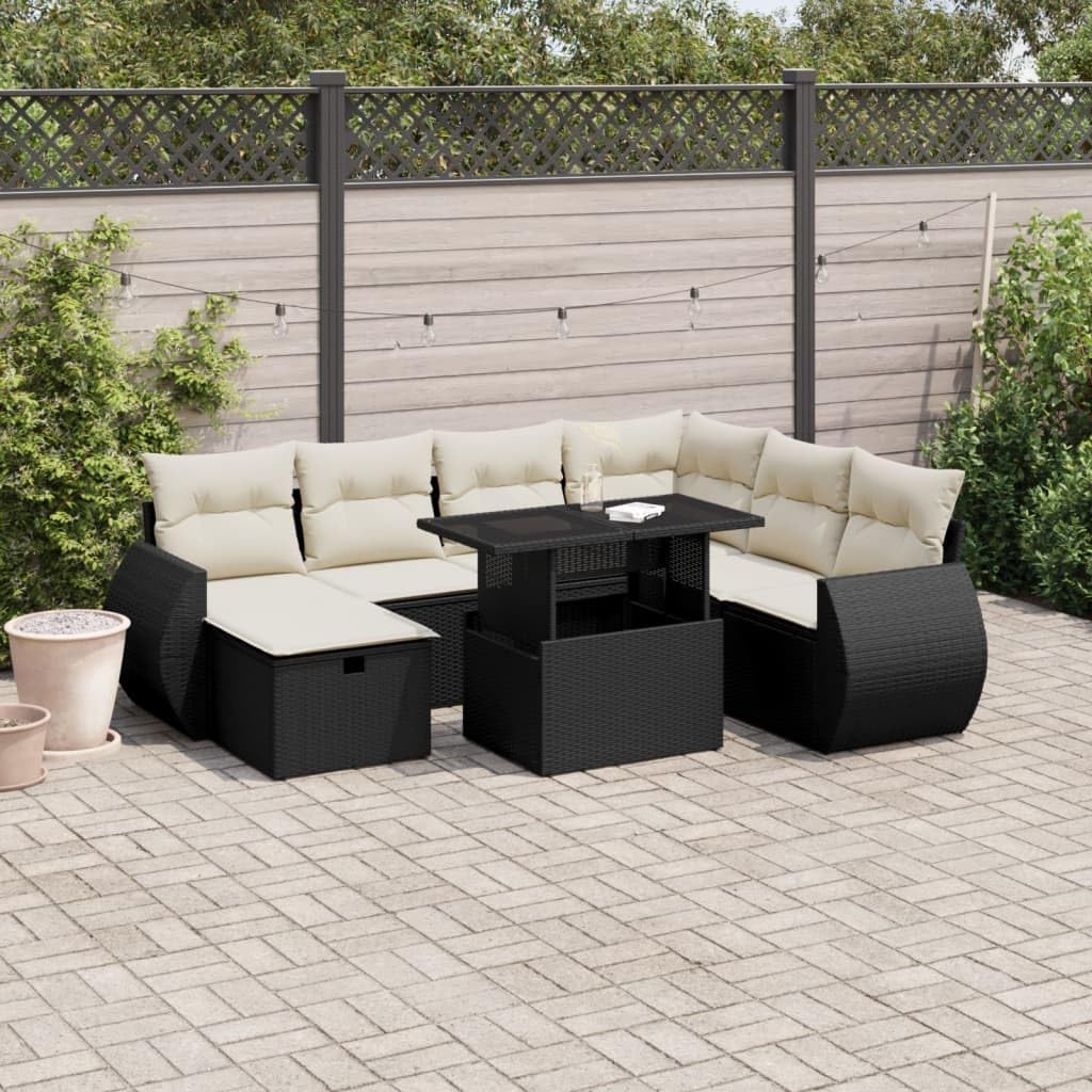 8 Piece Outdoor Sofa Set Black and Cream White, Adjustable Modular Garden Furniture with Storage Stool, Durable UV-Resistant Poly Rattan Patio Seating for Lounge