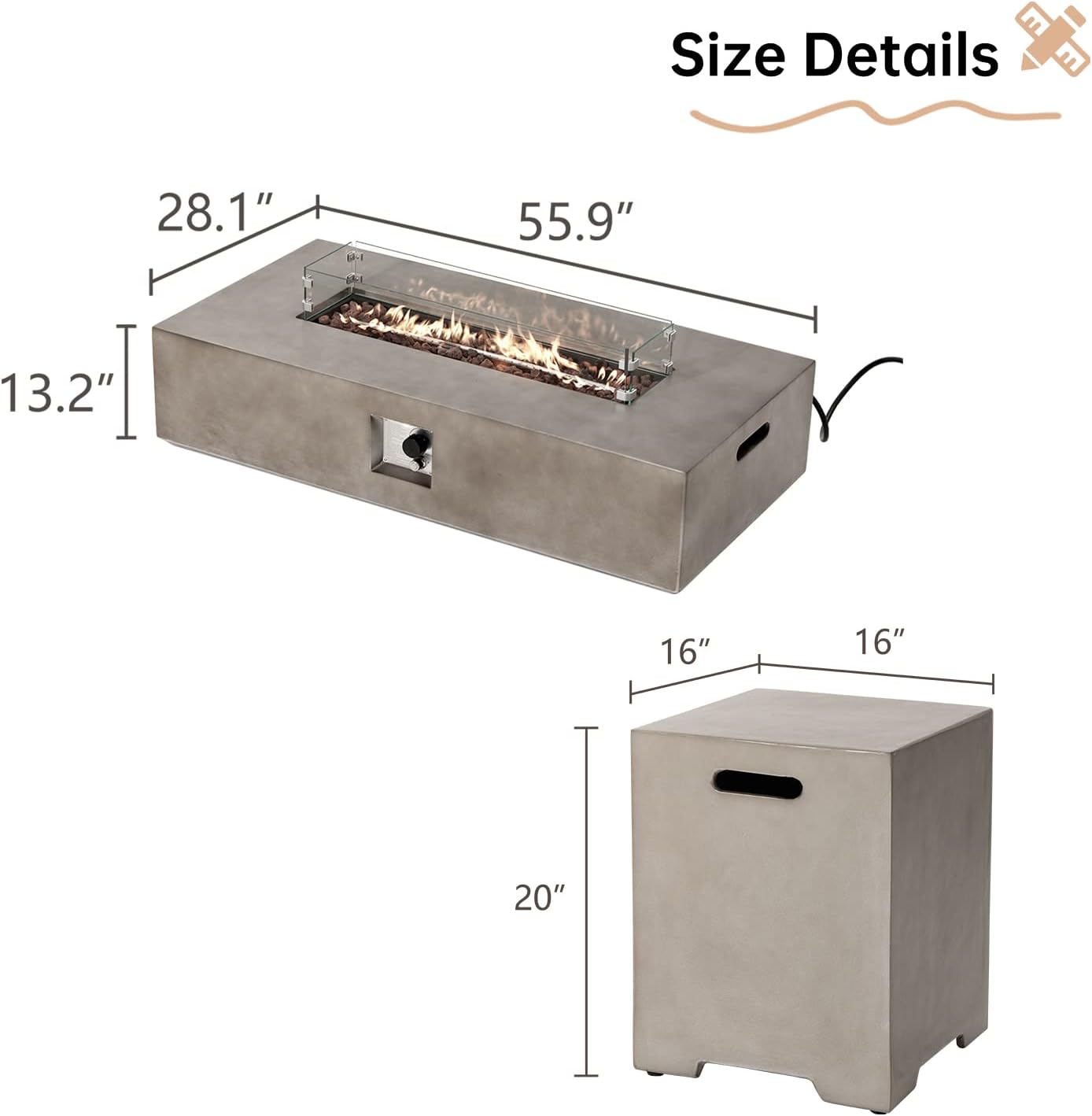 HOMPUS Outdoor Rectangular Propane Fire Pit Table, 56''x28’’x13'' Fire Table w Wind Guard & 20lb Tank Cover Table, 50000 BTU Fire Pit w Free Waterproof Cover & Fire Stone for Patio, Garden, Grey