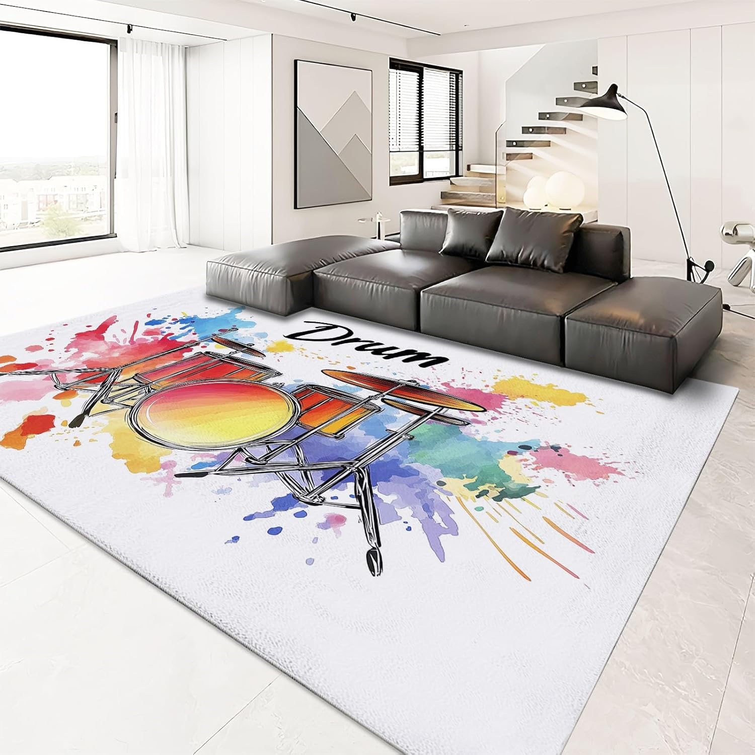 Music Instrument Drum Machine Washable Area Rugs for Living Room, 5 X 8 Ft Large Low Pile Carpet with Non-Slip Backing, for Bedroom Kids Nurser Office Entryway Dining Room, Graffiti