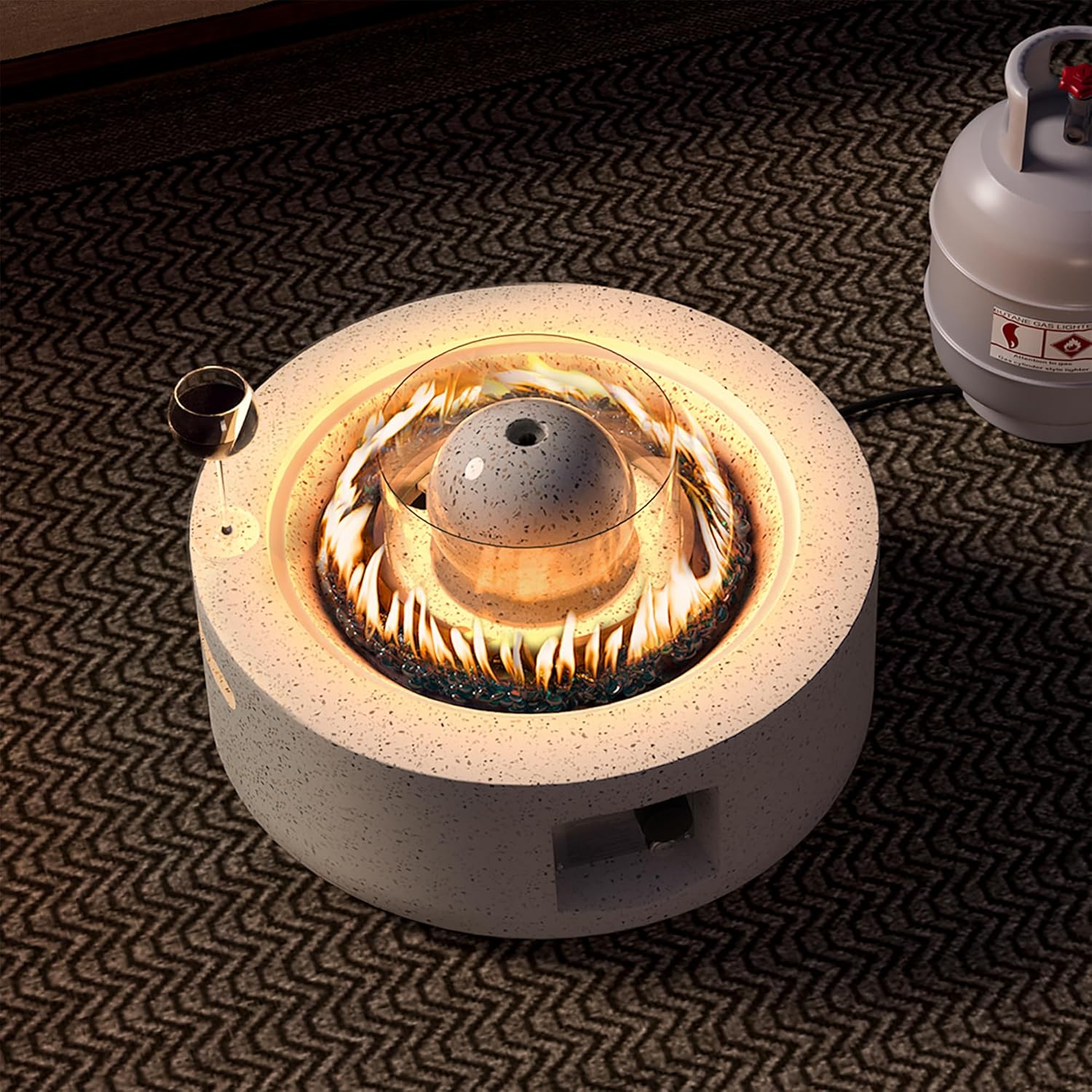 SUNBURY Outdoor Propane Fire Pit, Round Gas Fire Pit, 50,000 BTU 29 Inch Patio Fountain Fire Table Garden Decoration Concrete Gas Fire Table w Waterproof Cover, Blue Fire Glass, Spotted White