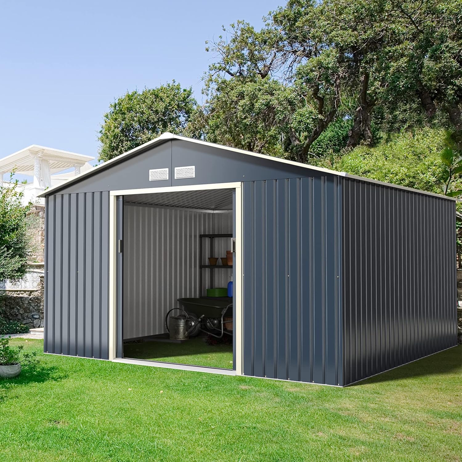 IRONMAX 11x10 FT Outdoor Storage Shed, Weatherproof Galvanized Metal Lean to Garden Shed with Sliding Doors and Air Vents, Heavy Duty Tool Storage House for Backyards, Patios, Lawns
