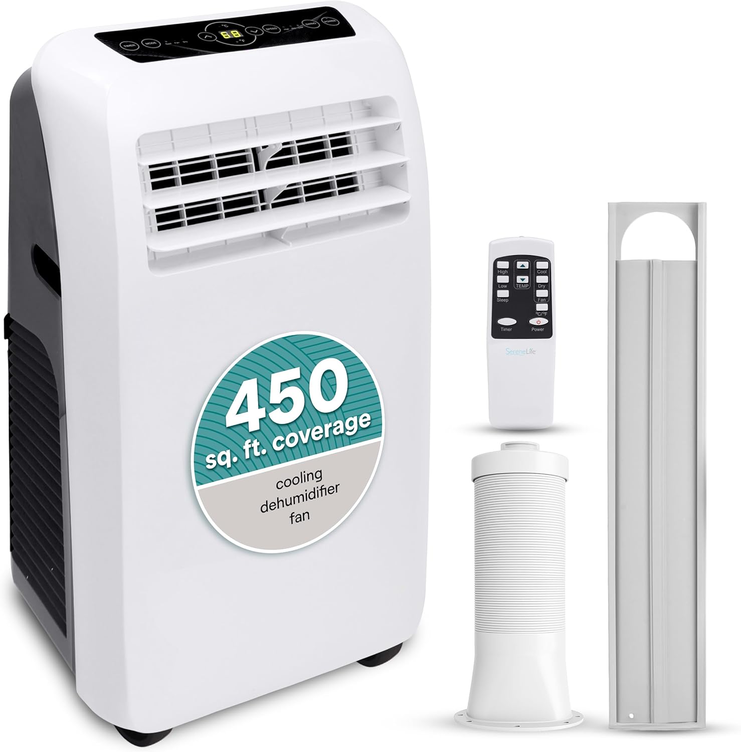 SereneLife Small Air Conditioner Portable 10,000 BTU with Built-in Dehumidifier - Portable AC unit for rooms up to 450 sq ft - Remote Control, Window Mount Exhaust Kit
