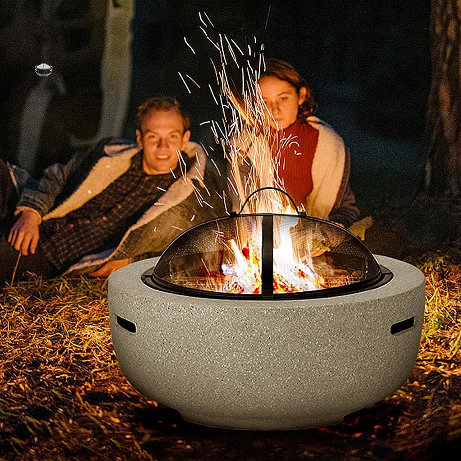 Small Fire Pit, Fire Pit with BBQ Grill Shelf, Garden Patio Heater Charcoal Log Wood Burner Fire Bowl with an Edging of Artificial Stone Outdoor Fire Pit Bowl