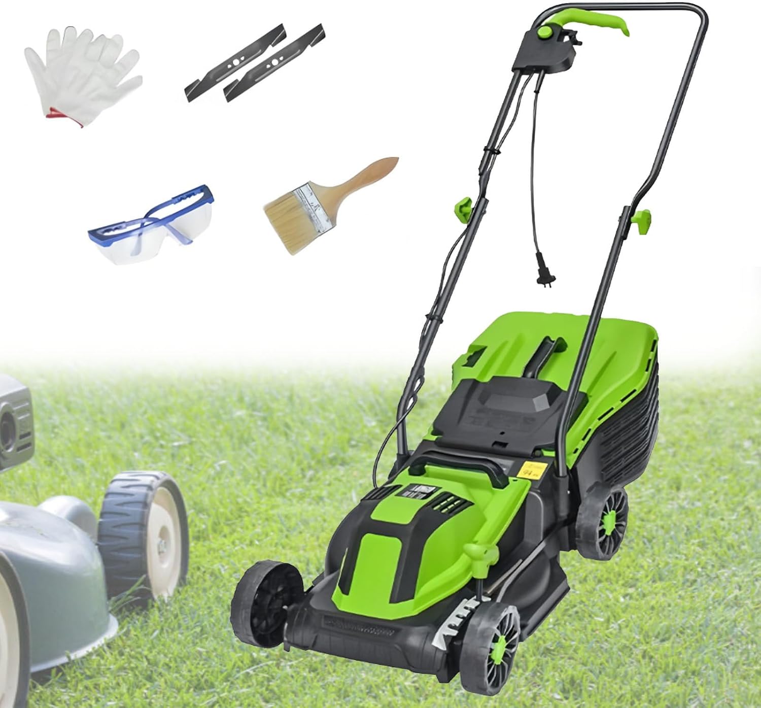 Push Lawn Mower, Lawn Dethatcher with 5-Position Depth Adjustment, Removable Thatch Collection Bag, Quick-Fold, for Garden Yard 2100W/32CM-Cord55M