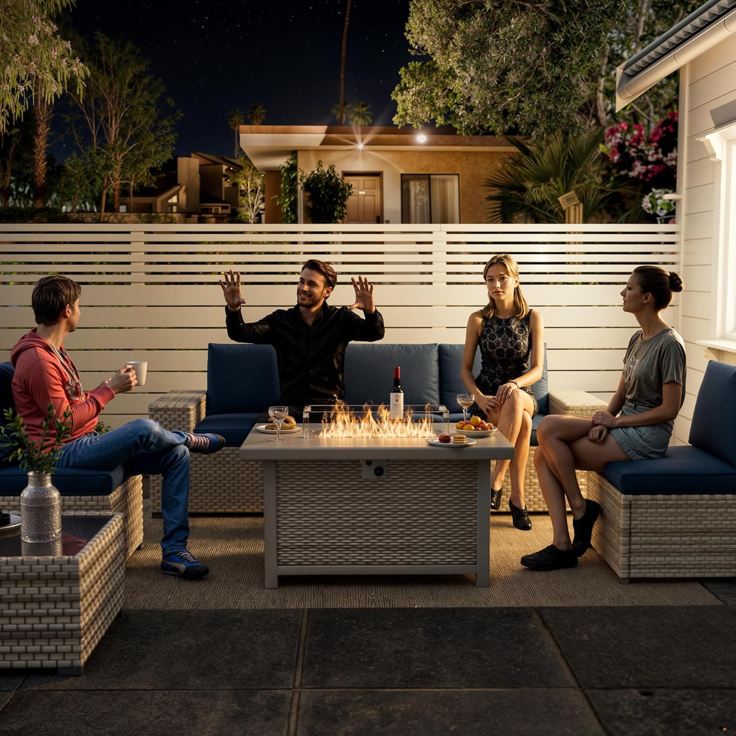 Rattan Fire Pit Table,40.5-inch Rectangle Grey Outdoor Companion,60000 BTU Auto-Ignition w Glass Wind Guard,Internal 20lb Propane Tank, Dust Cover (Grey, Rattan)