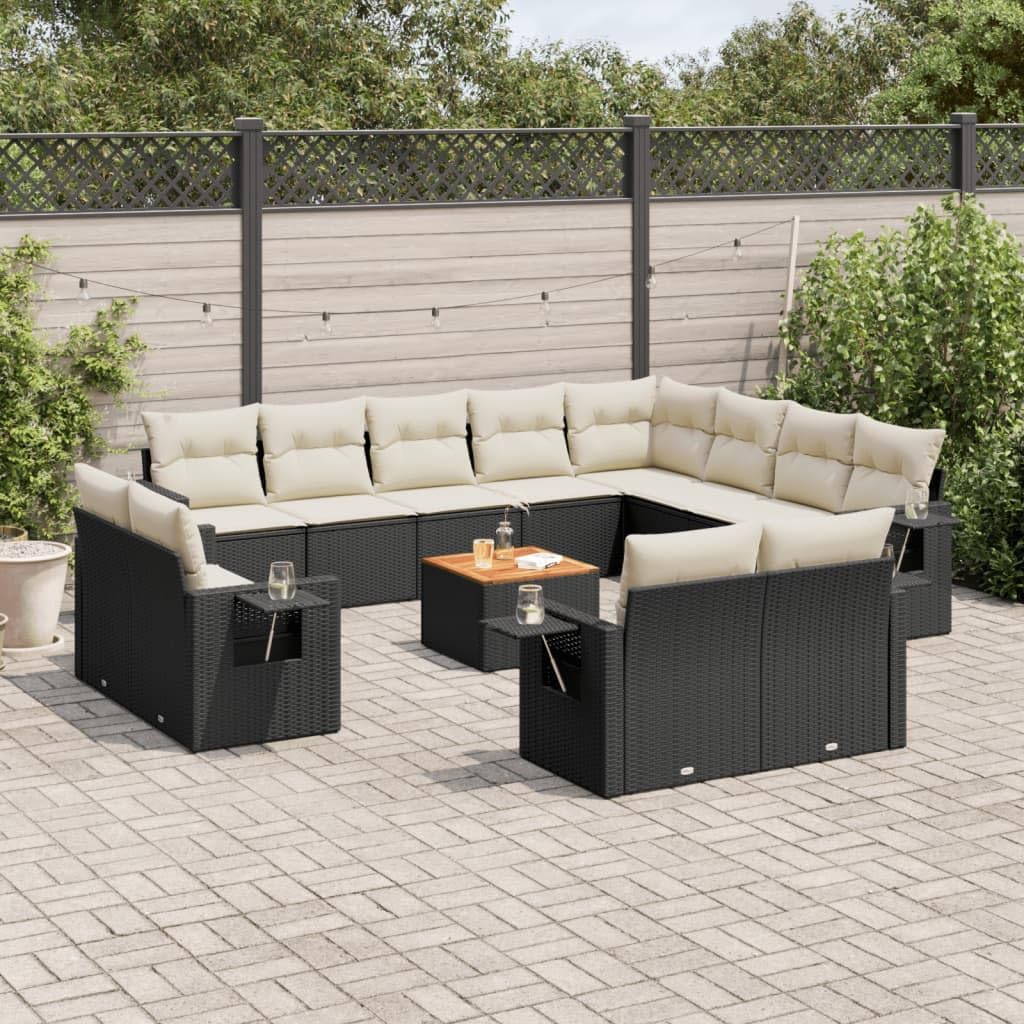 13-Piece Modular Garden Sofa Set Black and Cream White PE Rattan Large Outdoor Furniture with Acacia Wood Top and Soft Cushions for Patio Lounge