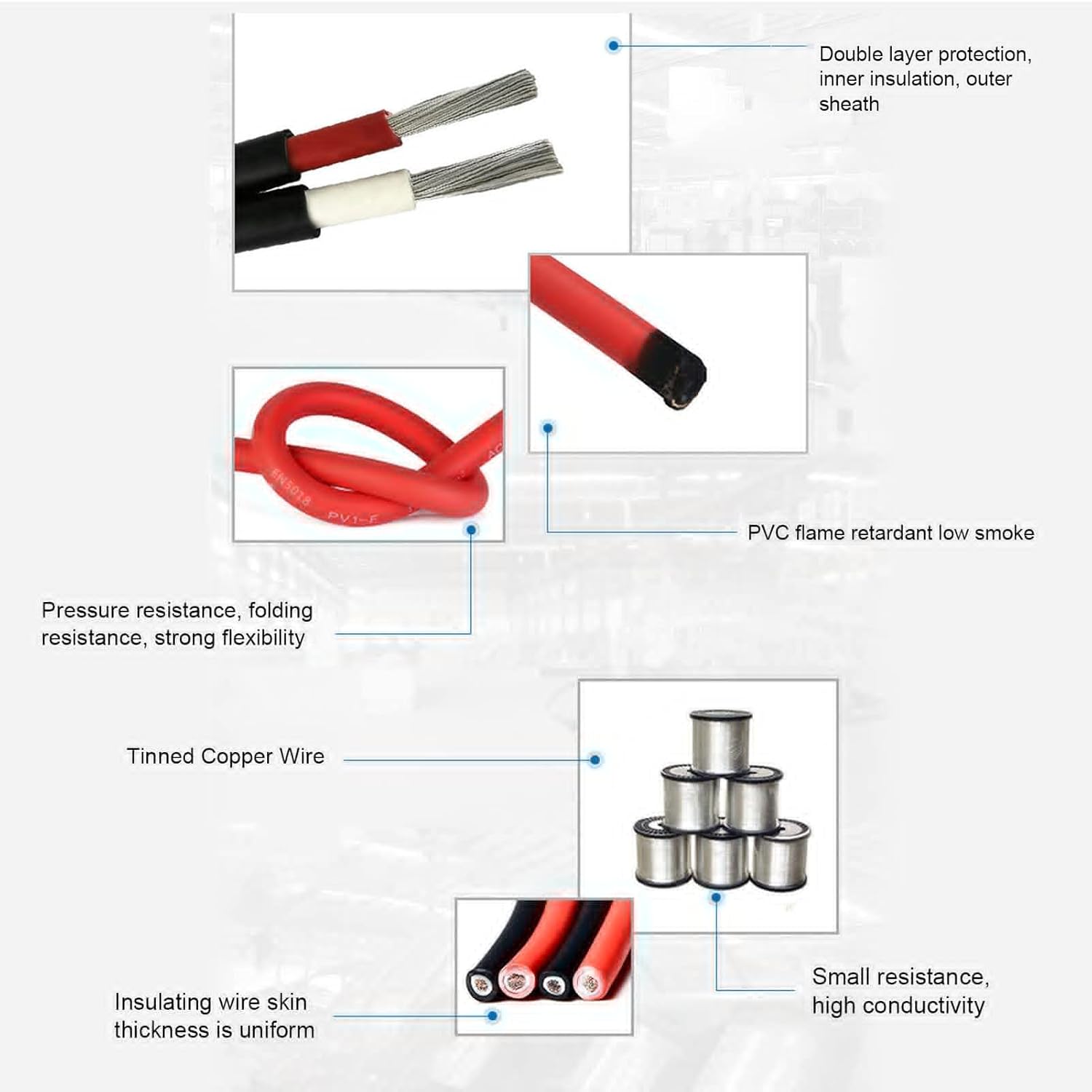 Solar Panel Wire, 6 Photovoltaic Cable Solar Photovoltaic Cable Double Layer Insulation Tinned Copper, & Wind Power Parts & Accessories (Black 50m/164ft)