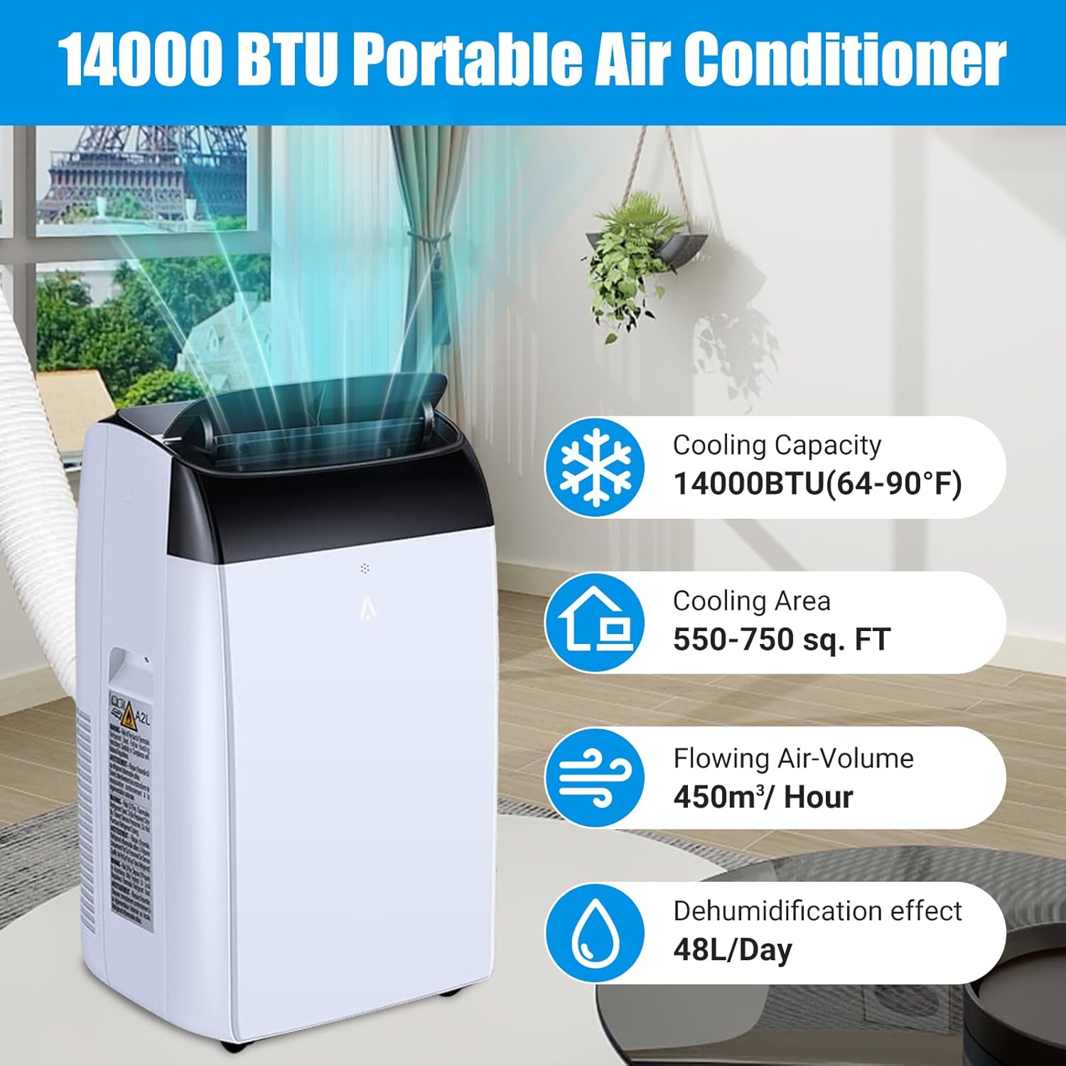 14000 BTU Portable Air Conditioners with Remote Control, 3-in-1 Free Standing Cooling AC Unit with Fan & Dehumidifier, Cools Room up 750 Sq. Ft, 24H Timer, Window Mount Exhaust Kit