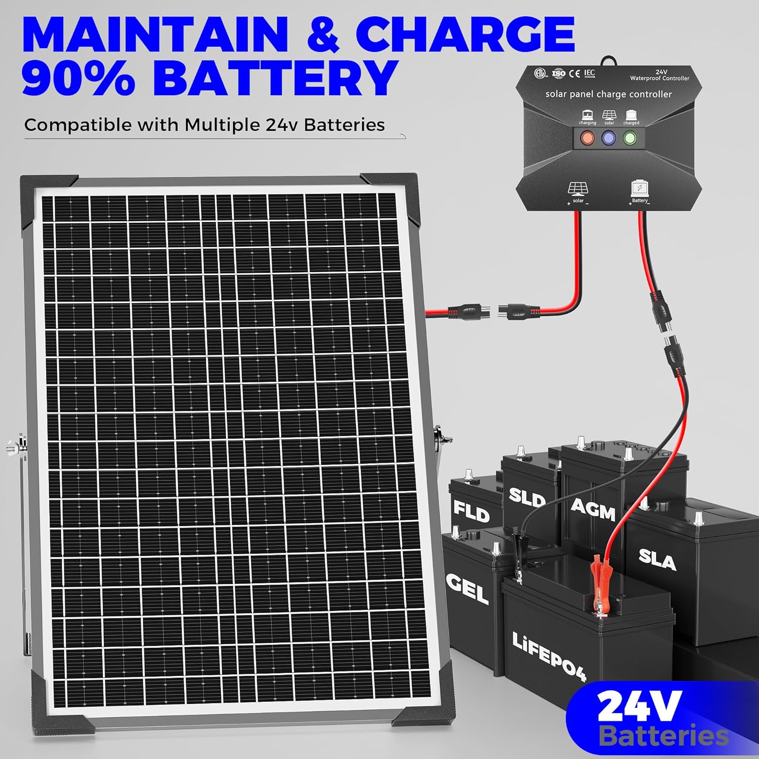 Voltset 30W 24V Solar Panel Kit, Solar Battery Maintainer with MPPT Charge Controller Adjustable Bracket, Solar Battery Charger for RV Car Boat Tractor and Camping
