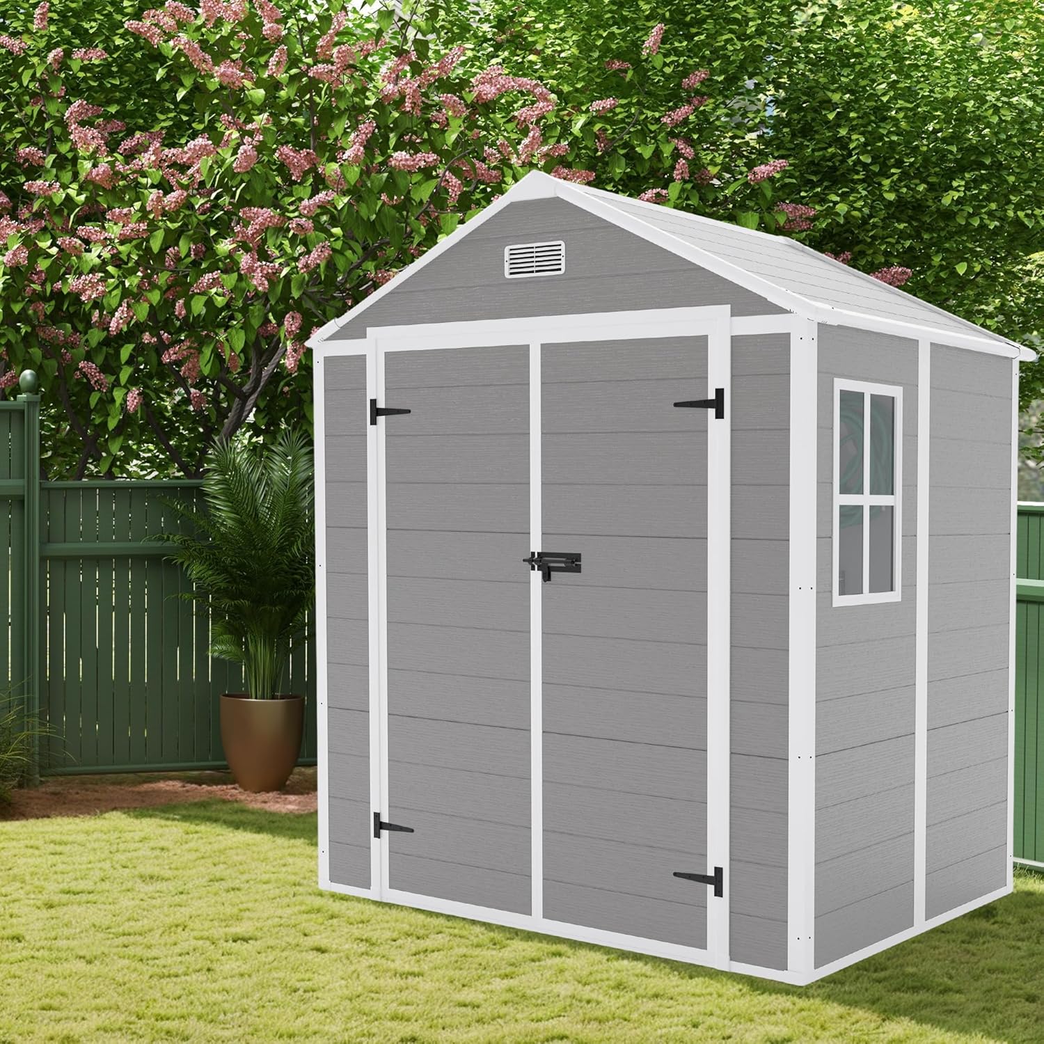 6x5 FT Resin Outdoor Storage Shed with Floor, All-Weather Plastic Shed with Lockable Doors, Window & Vents, Utility Plastic Tool Shed Storage House for Backyard, Patio, Light Grey