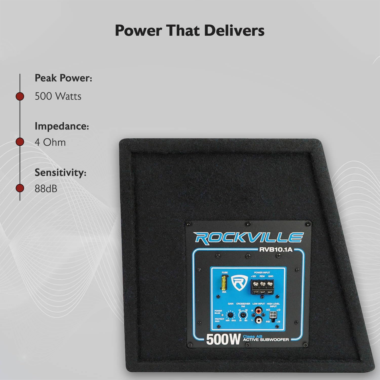 Rockville RVB10.1A 10 Inch 500W Active Car Subwoofer with Enclosure, Built-in Class AB Amplifier, Adjustable Bass Boost, Compact Design, for Car Audio Enthusiasts