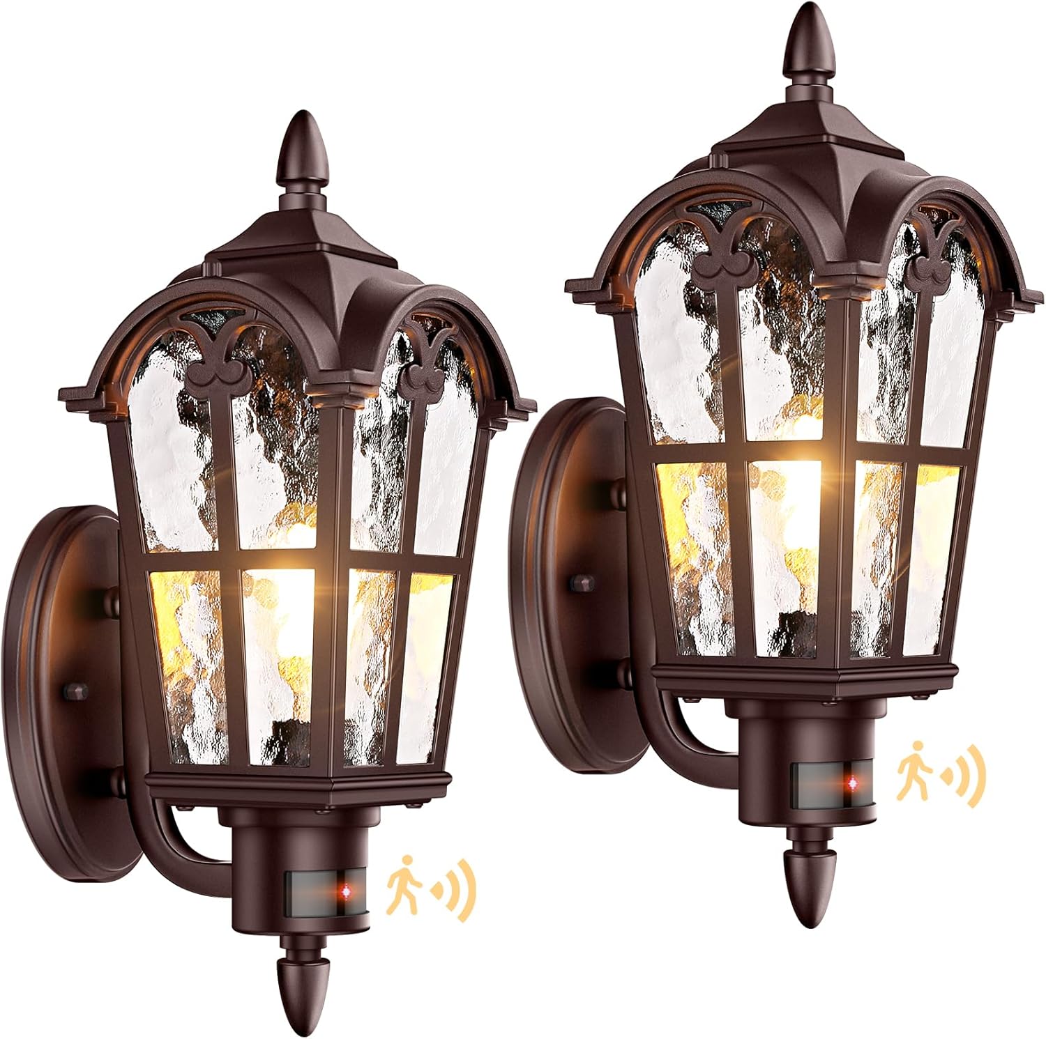16in 2-Pack Large Motion Sensor Outdoor Wall Lights, Dusk to Dawn Porch Lights Wall Mount, Vintage Exterior Light Fixtures Sconces Lighting, Brown Wall Lanterns Outside Lights for House Front Door