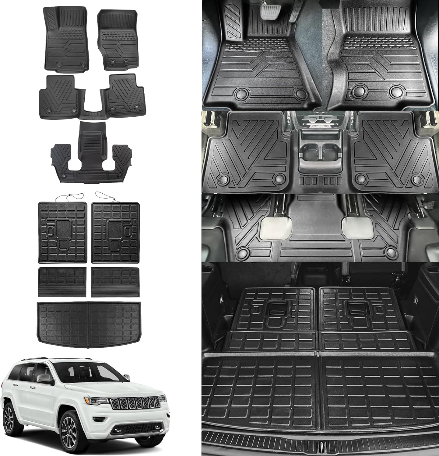 Rongtaod Floor Mats Compatible with 2021-2025 Jeep Grand Cherokee L 6 Seats Trunk Liner Cargo Mat Cargo Liner Back Seat Cover Protector 2024 Cherokee L Accessories (Trunk Mat+Backrest Mat+Floor Mats)