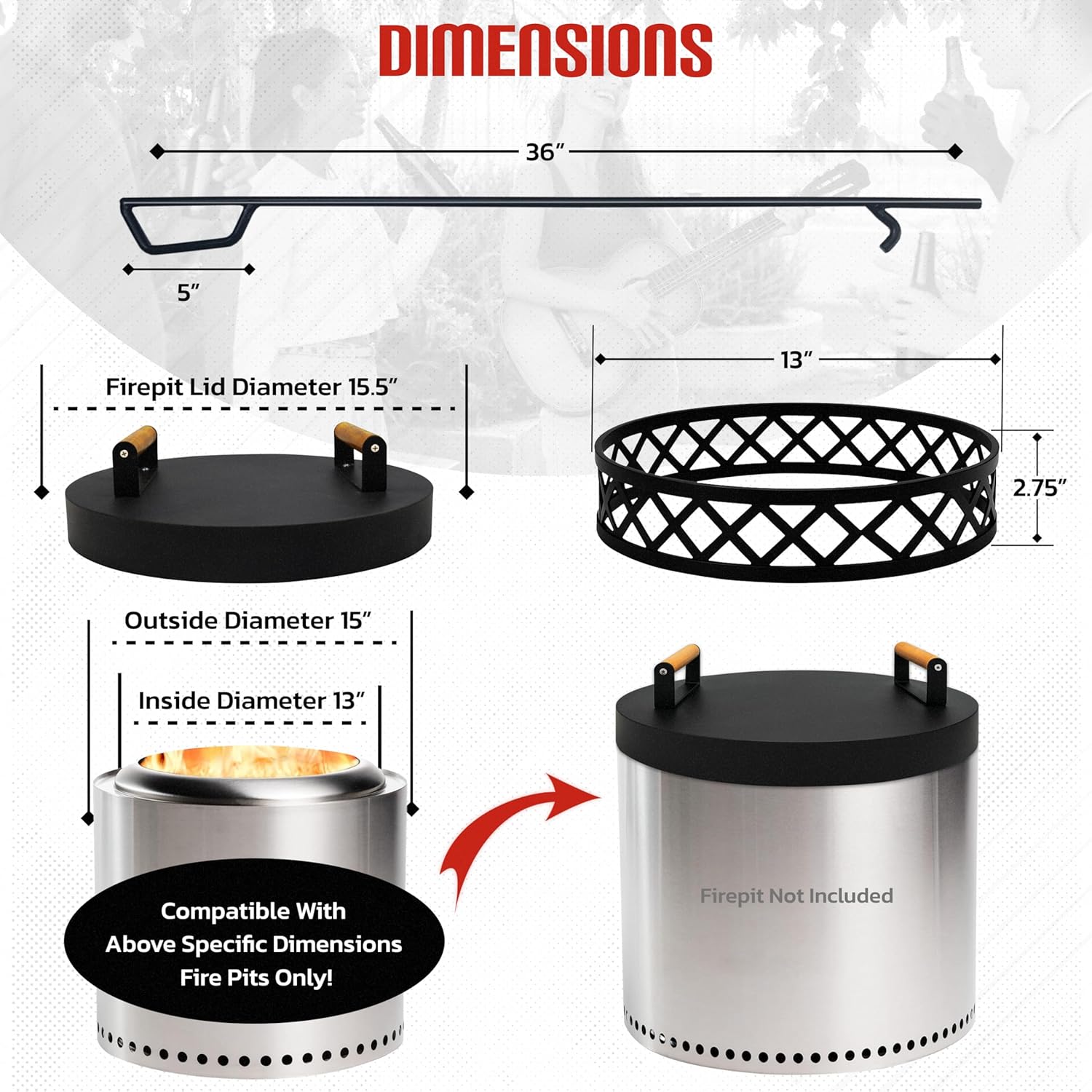 FEBTECH Smokeless Fire Pit Accessories Combo - Heavy Duty Carbon Steel 15