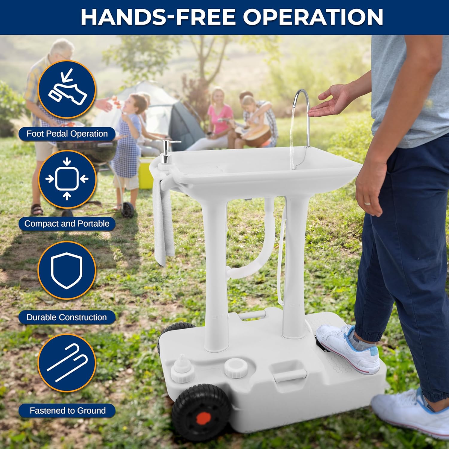 SereneLife Portable Hand Washing Station, 100+ Hand Washes, Hands-Free Foot Pump, Soap Dispenser, and Drain Hose, Ideal for Outdoor Events, Camping, Boating and Worksites