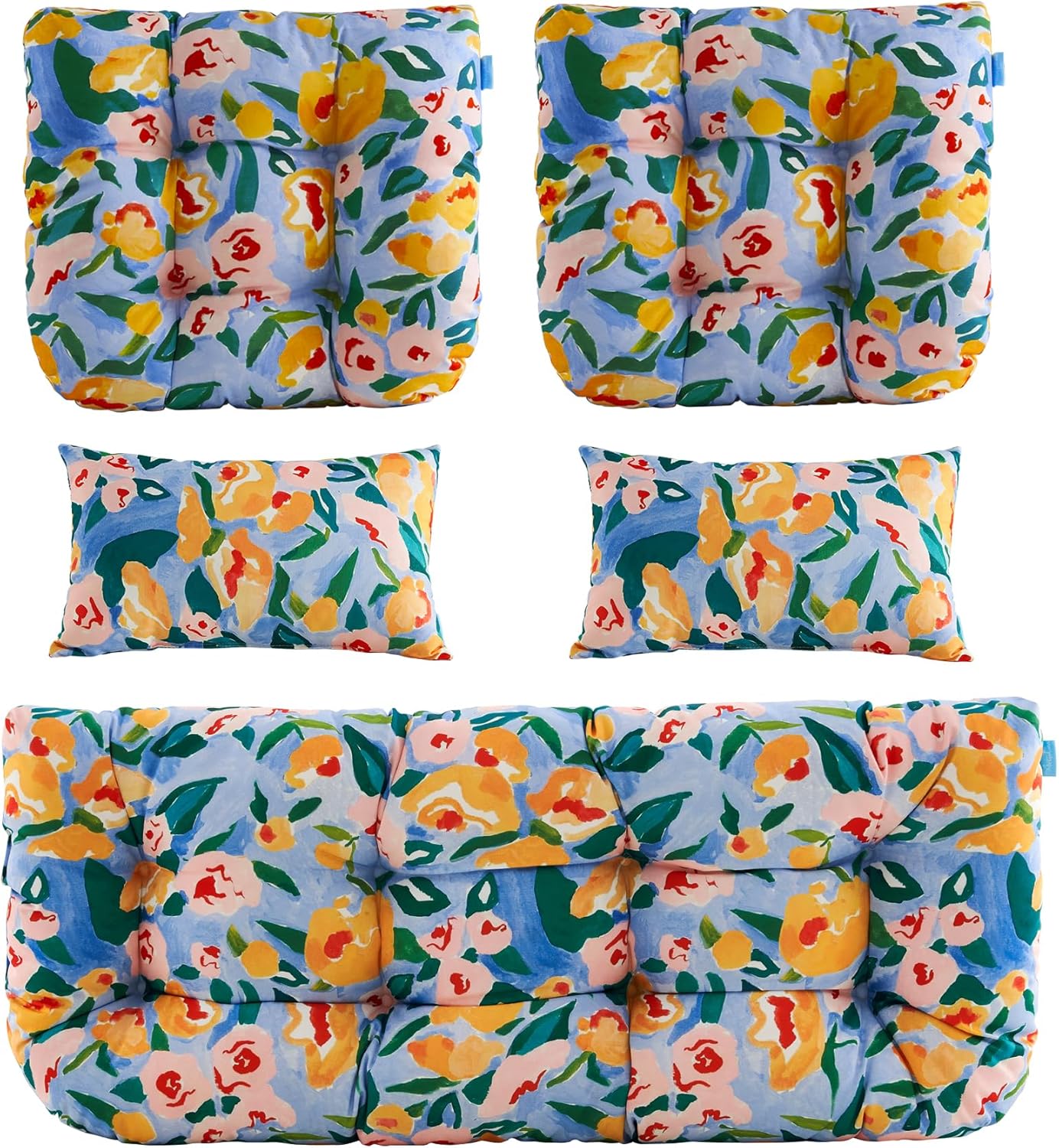 ARTPLAN Outdoor Cushions for Settee,Wicker Loveseat Cushions with Tie,Tufted Patio Cushions 2 U-Shaped Set of 5 Piece,L44xW19,Floral,Yellow Blue