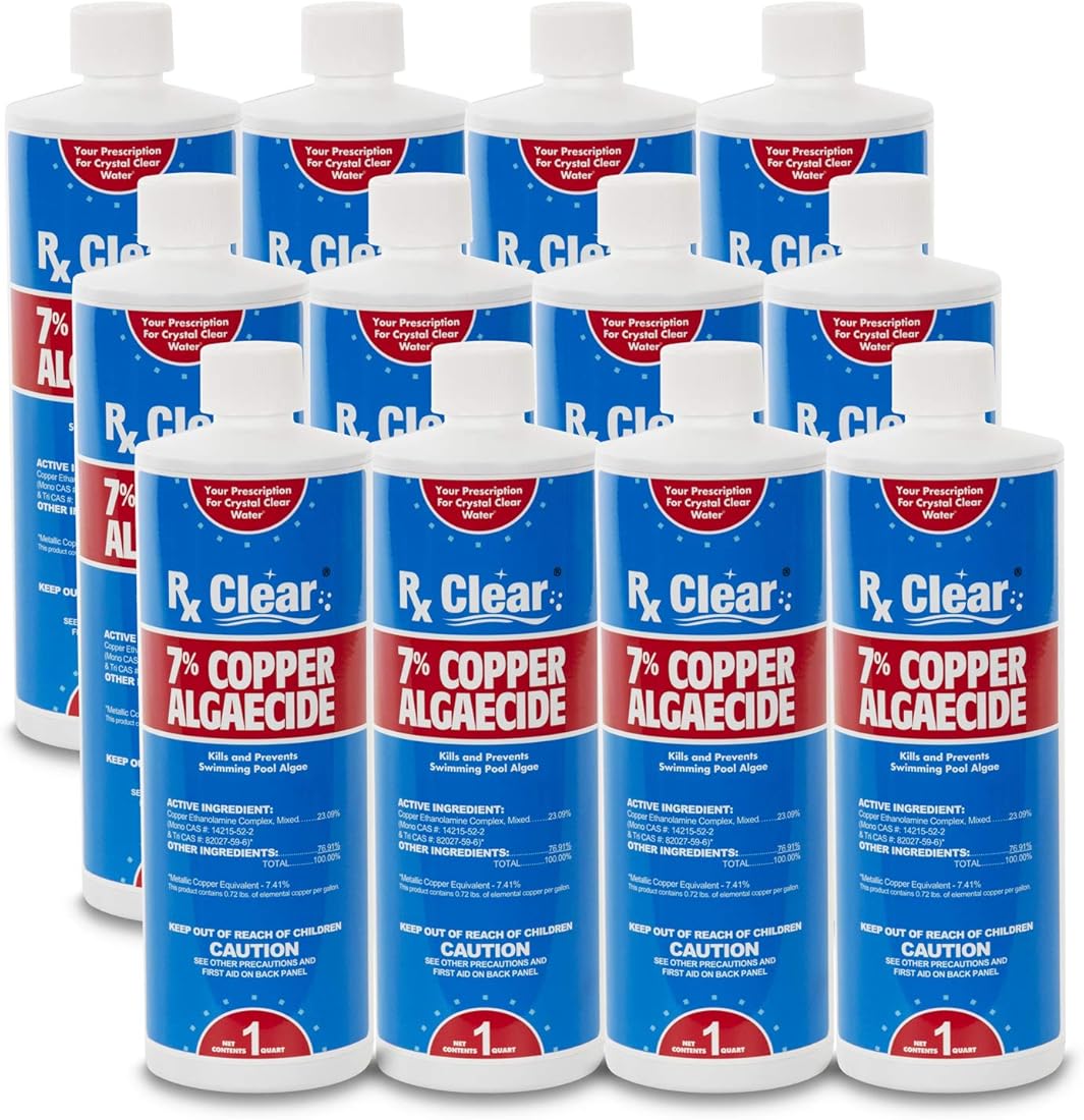Rx Clear 7% Copper Algaecide | Kills and Prevents Algae for In-Ground and Above Ground Swimming Pools | Safe Formula for Swimmers | One Quart Bottles | 12 Pack