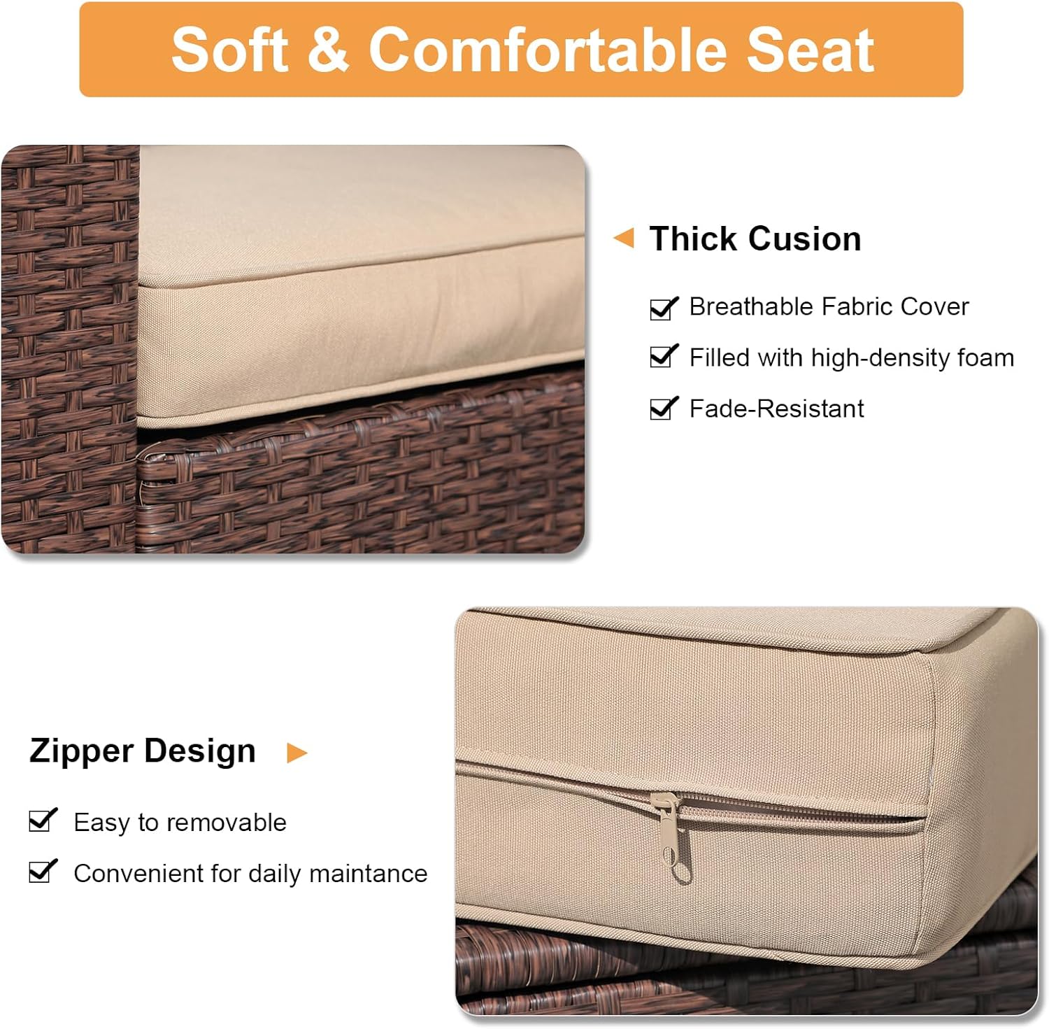 Super Patio 8 Pieces Outdoor Patio Furniture Set with 45” Fire Pit Table, Rattan Patio Conversation Sets with 50000 BTU Gas Fire Pit, Wicker Sectional Sofa Set with Storage Box, Brown(Without Table)