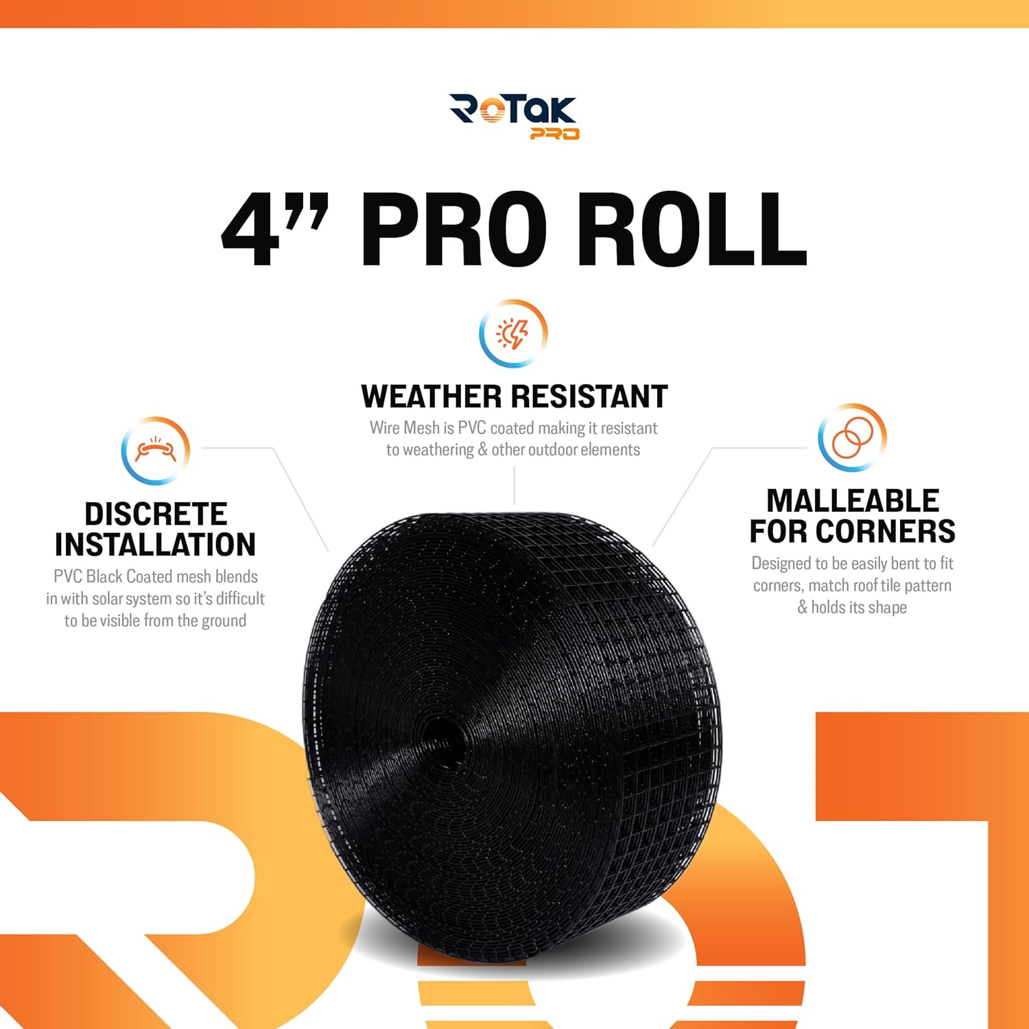 Rotak Critter Guard PRO - 4in x 100ft Solar Panel Bird Prevention Roll Kit with 100 Fastener Clips - Heavy Duty Galvanized Black PVC Coated ½ inch Wire Roll Mesh (4