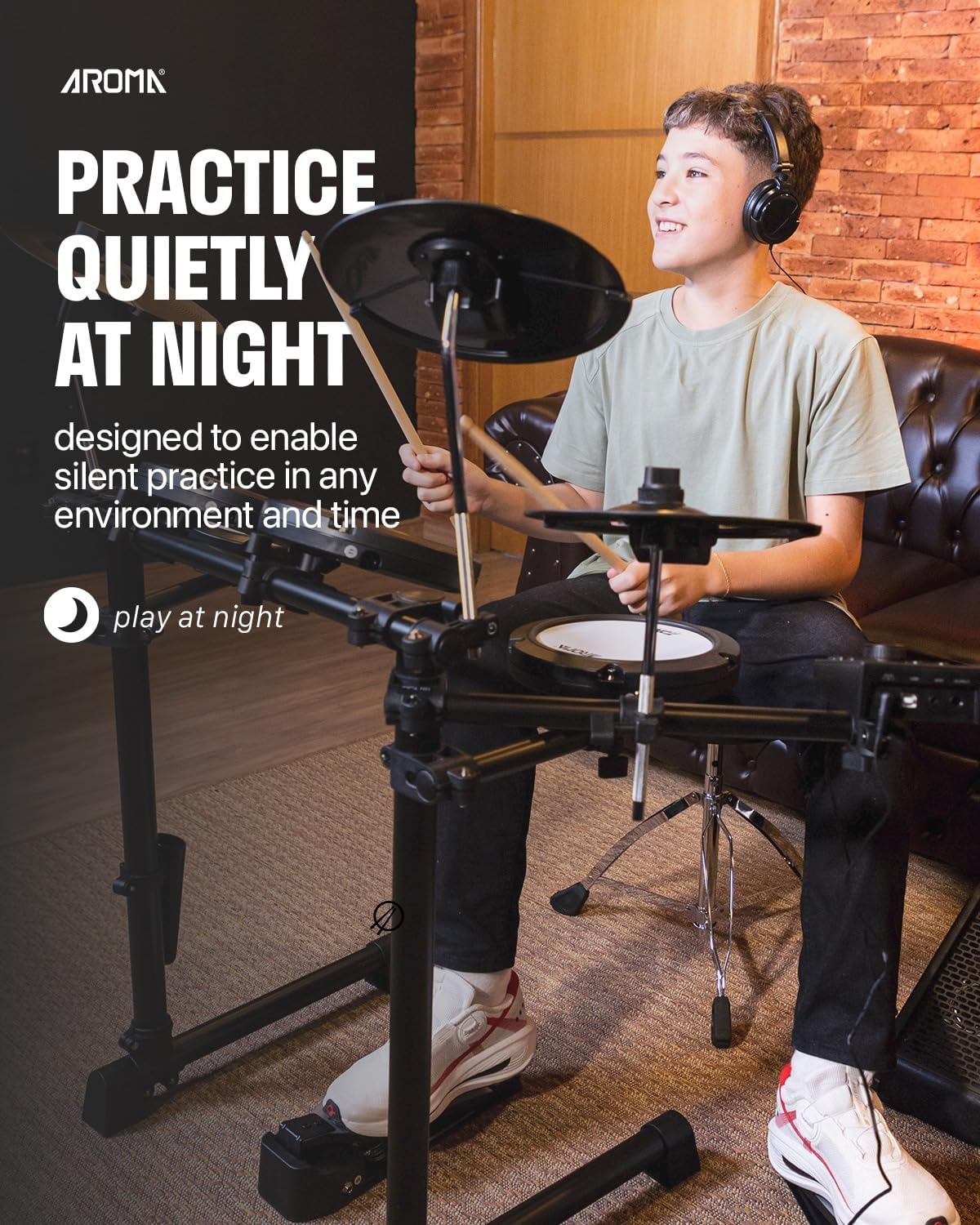 AROMA TDX-18 Electronic Drum Set with 4 Quiet Mesh Drum Pads, 2 Switch Pedal, Portable and Solid Drum Set with, Bluetooth, Drum Throne, Headphones and Sticks