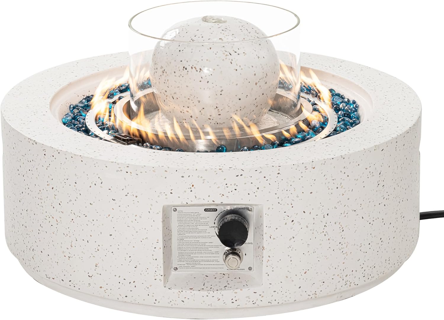 SUNBURY Outdoor Propane Fire Pit, Round Gas Fire Pit, 50,000 BTU 29 Inch Patio Fountain Fire Table Garden Decoration Concrete Gas Fire Table w Waterproof Cover, Blue Fire Glass, Spotted White