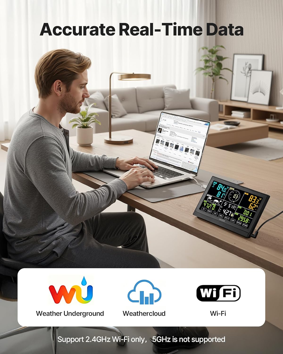 VEVOR 7-in-1 Wi-Fi Weather Station, 7.5-Inch VA Display, Solar Powered Wireless Outdoor Sensor, Home Weather Station Indoor Outdoor, for Temperature, Humidity, Wind Speed/Direction, Rainfall, No APP