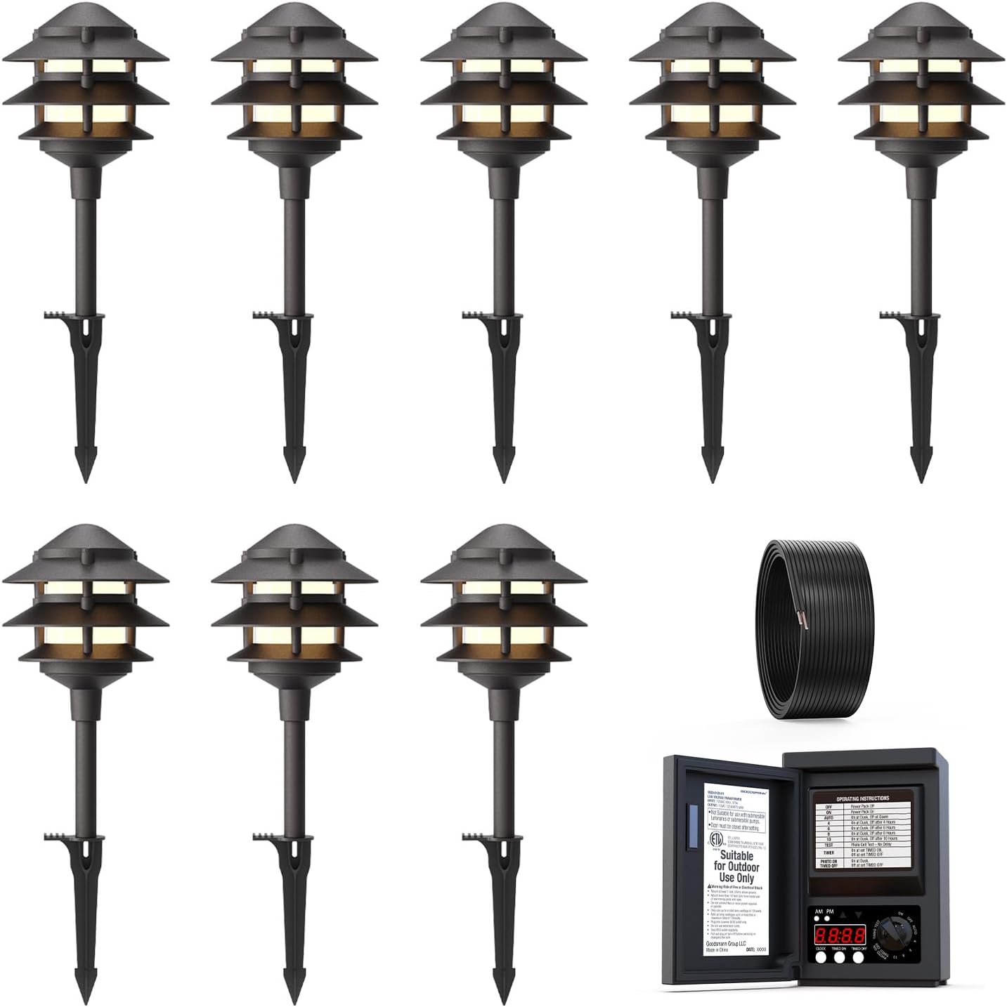 GOODSMANN Landscape Lighting Kit 8PK Pathway Lights Low Voltage 2.2W 30 Lumens Path Lights & 120W Transformer for Outdoor Lighting & 100ft 16AWG Cable