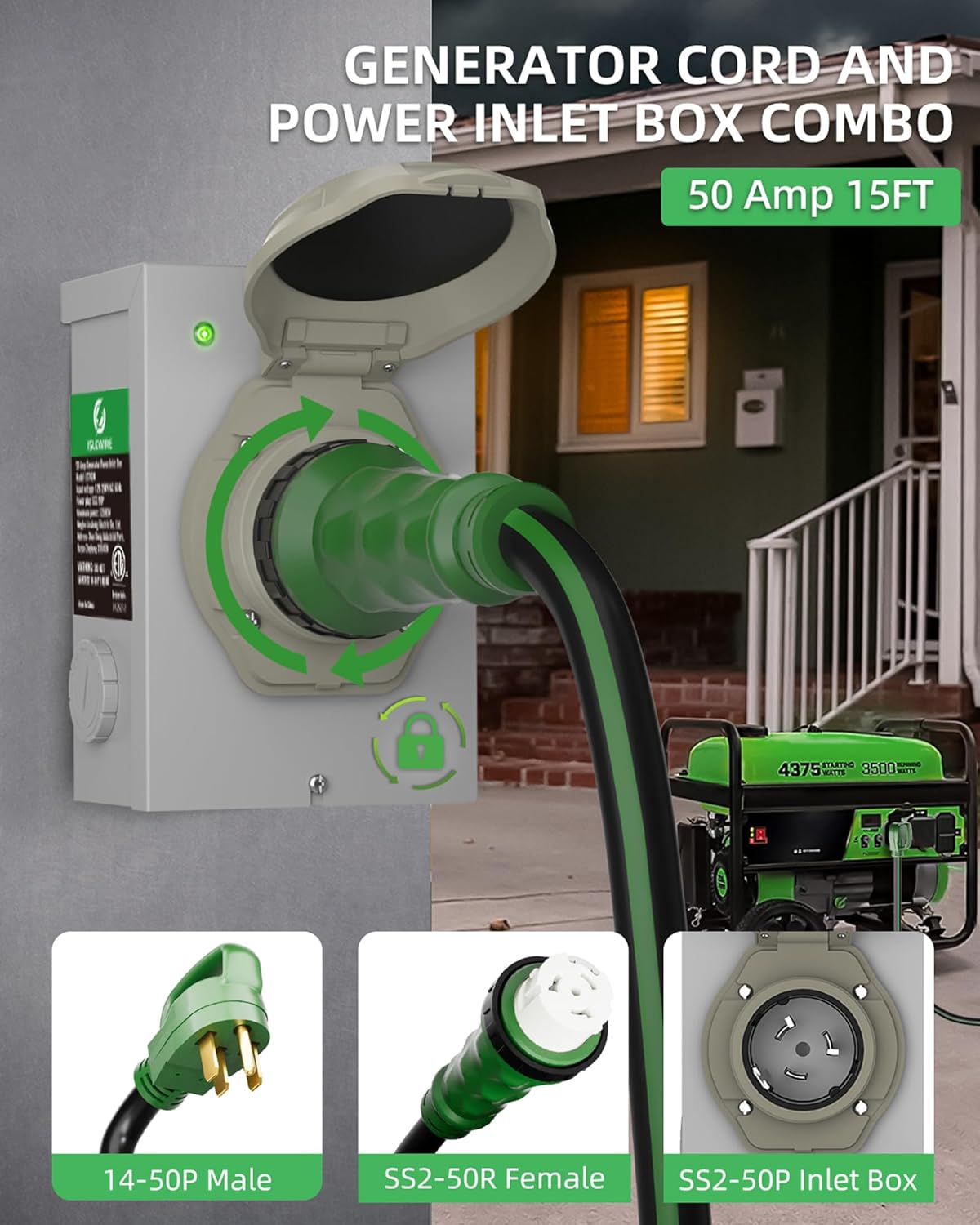 50 Amp 15FT Generator Cord and Pre-Drilled Power Inlet Box, NEMA 14-50P to SS2-50R Generator Cord Kit, 6/3+8/1 AWG STW Twist Lock Connector, 125/250V 12500W, ETL Listed, Ready for Emergency Use