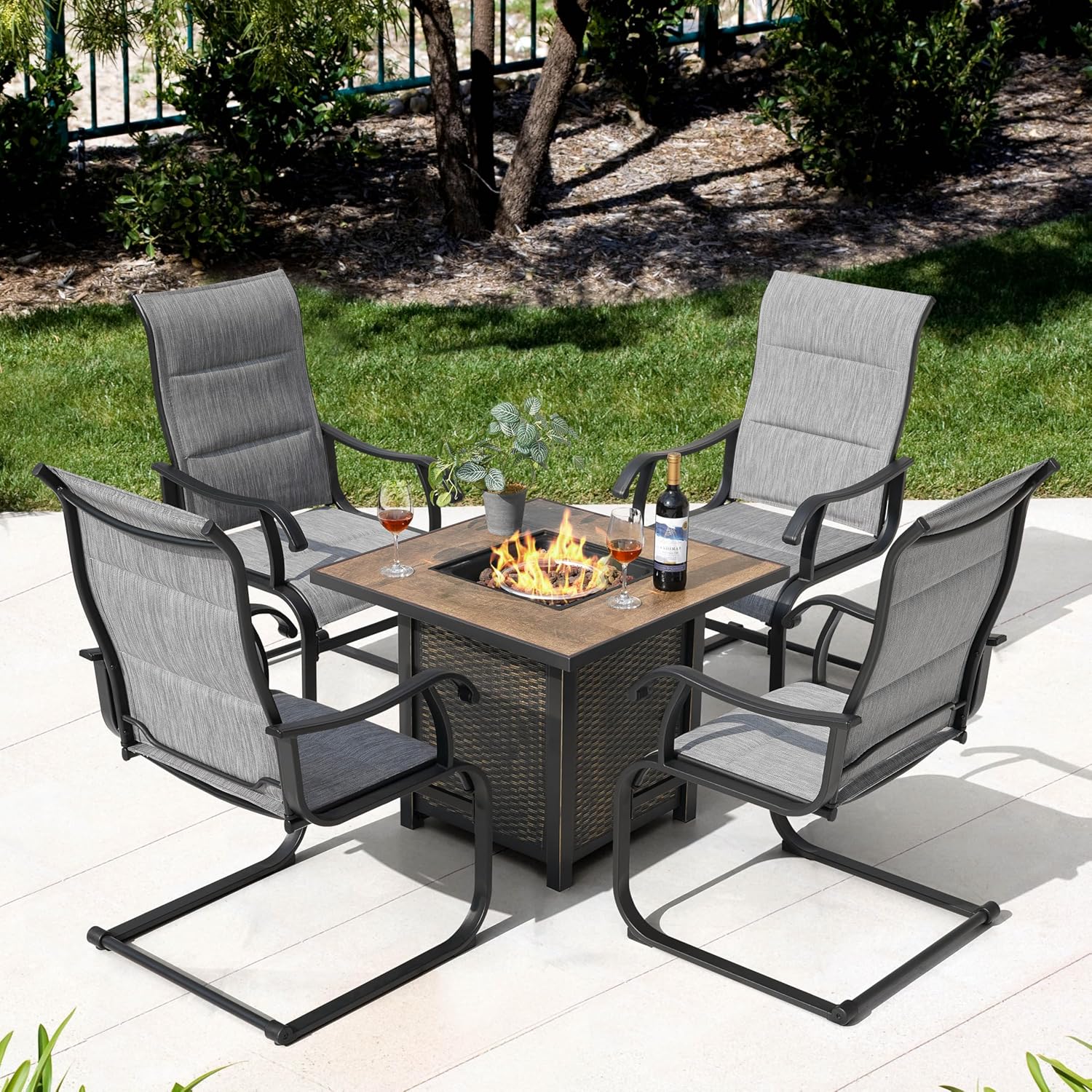 NUU GARDEN 5-Piece Fire Pit Table Set with 4 Textilene Dining Chairs for Patio Outdoor, 50,000 BTU Patio Metal Fire Pit, Lava Rocks and Lid for Backyard, Deck, Poolside, Garden