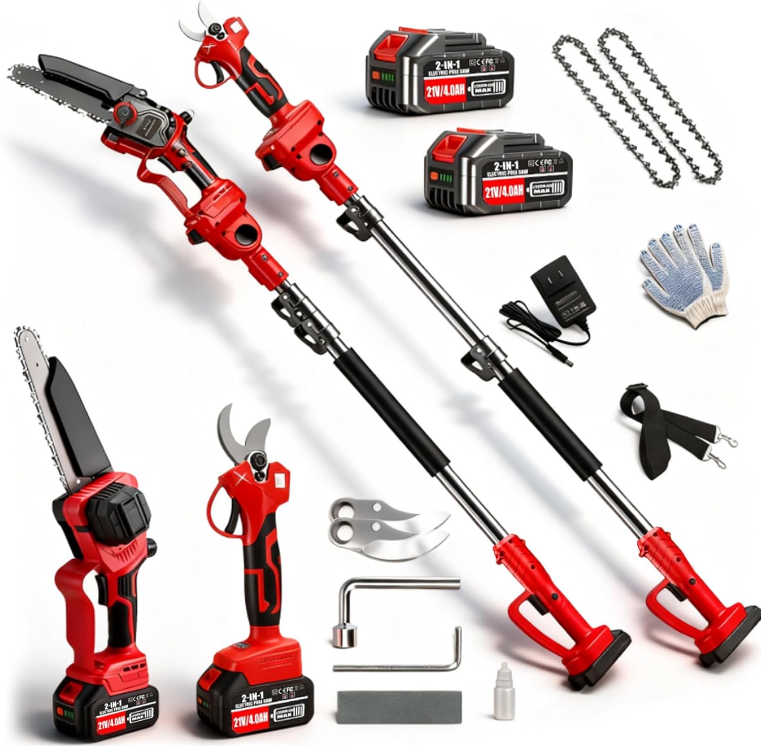 4-in-1 Cordless Pole Saws for Tree Trimming Kit:8 Inch Mini Chainsaw, Electric Pruning Shears,16ft Extendable Pole, 2×4.0Ah Batteries&Pole Saw Battery Powered Tree Trimmer Limb Branch Cutter Pruner ﻿