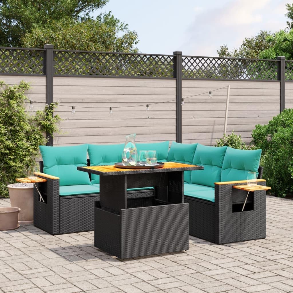 6-Piece Patio Sofa Set, Black Poly Rattan Outdoor Furniture with Adjustable Table, Blue Cushions, 242.5lb Capacity