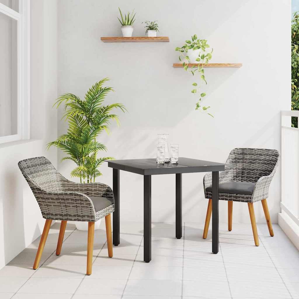 Garden Dining Set with Cushions, 3 Pcs Grey Poly Rattan, Outdoor Table and Chairs for Patio, Balcony Furniture, Weather-Resistant