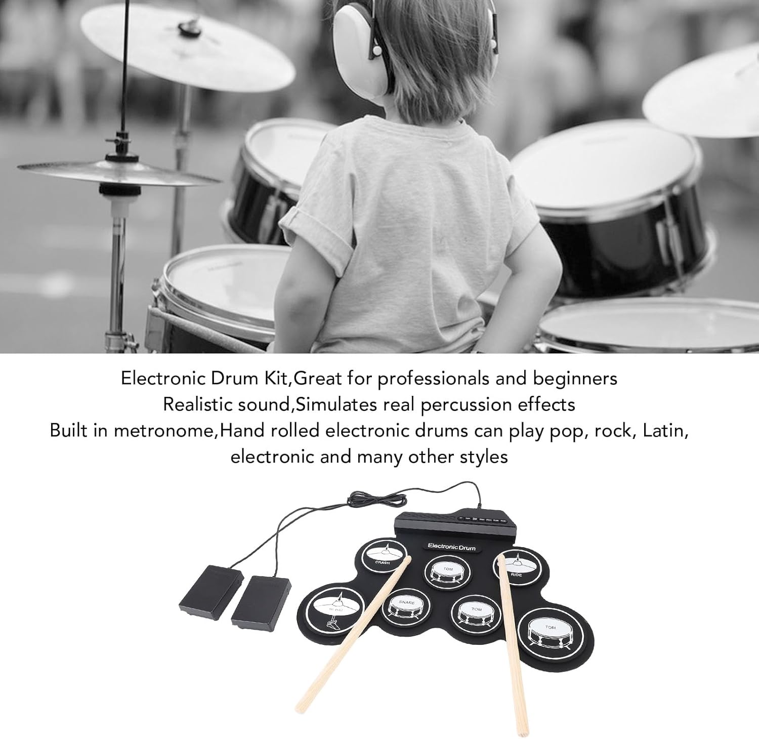 Portable Drum Pad Machine with Pedal Controlled Cymbals, a USB Electronic Drum Pad with Dual Output for Headphones and Speakers for Hand Foot Coordination