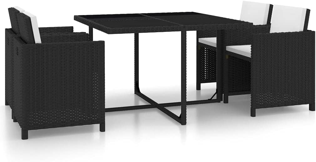 5 Piece Patio Dining Set with Cushions Poly Rattan Black,Poly Rattan Patio Dining Set with Glass Tabletop for Outdoor Use Patio Furniture Sets, Outdoor Furniture Sets