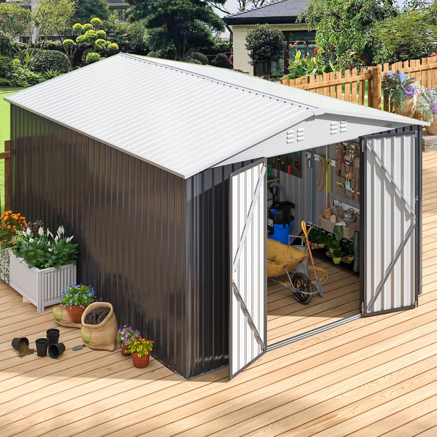 Polar Aurora 12x10 FT Outdoor Storage Shed, Metal Garden Shed with with Updated Frame Structure, Tool Sheds for Backyard Garden Patio Lawn, White