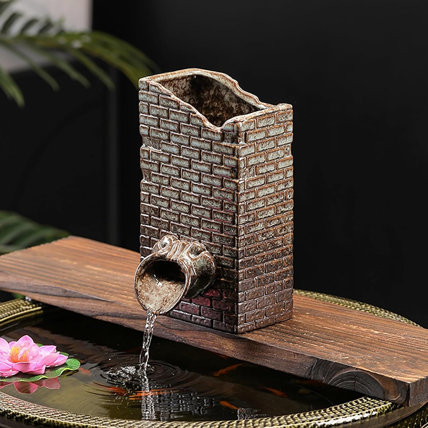 Pond Spitter, Ceramic Jar Water Fountain for Fish Pond, Decorative Waterfall Aquatic Decor with Hose, Outdoor Ornament for Garden Courtyard Pool(Brown,12 * 12.5 * 21.5cm/4.7 * 5 * 9in)