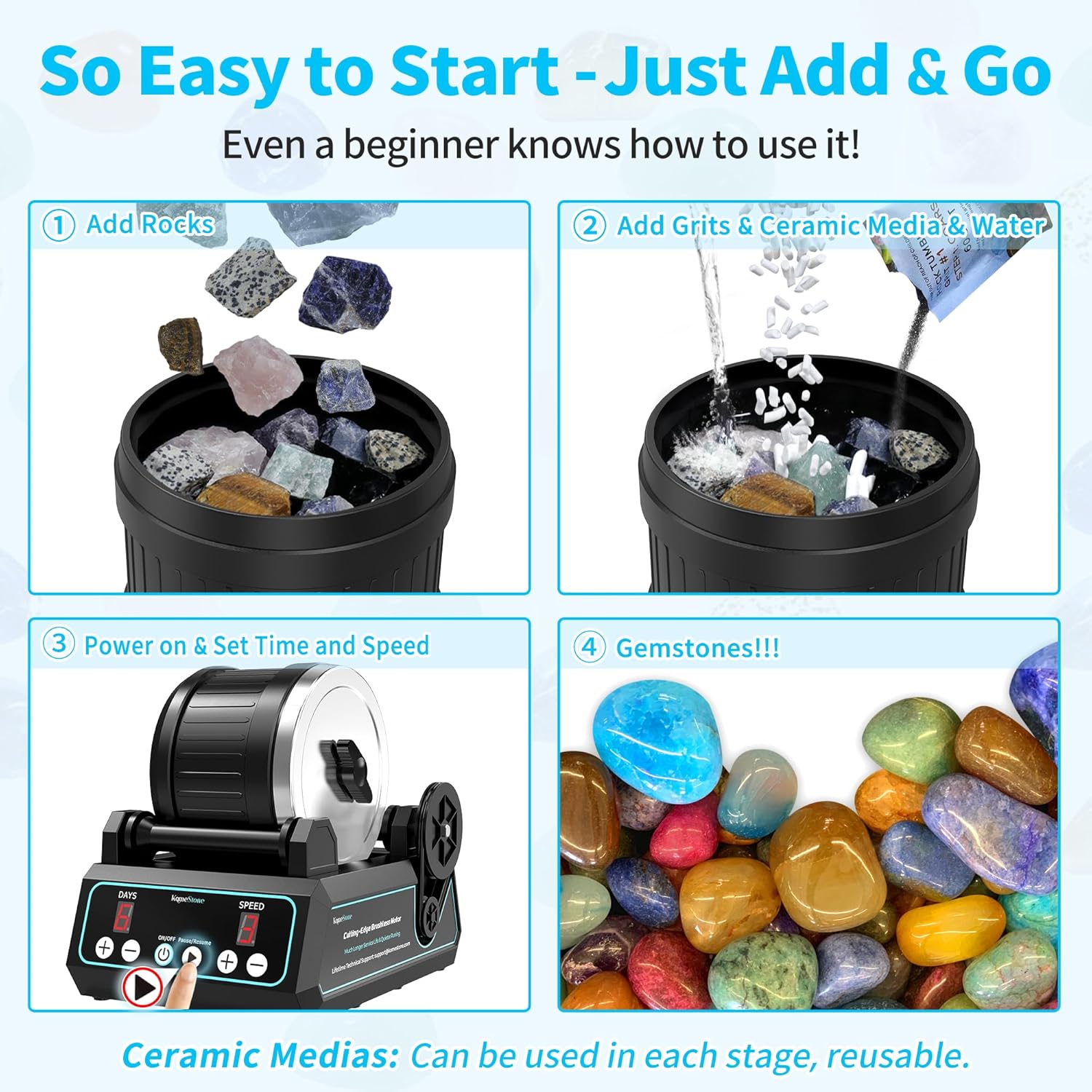 K1 Pro Professional Cutting-Edge Brushless Motor Advanced Rock Tumbler Polisher Kit, Large 2.5Lb Barrel with 3-Speed & 9-Day Timer, Includes All Accessories, Ideal Gift for Adults & Collectors