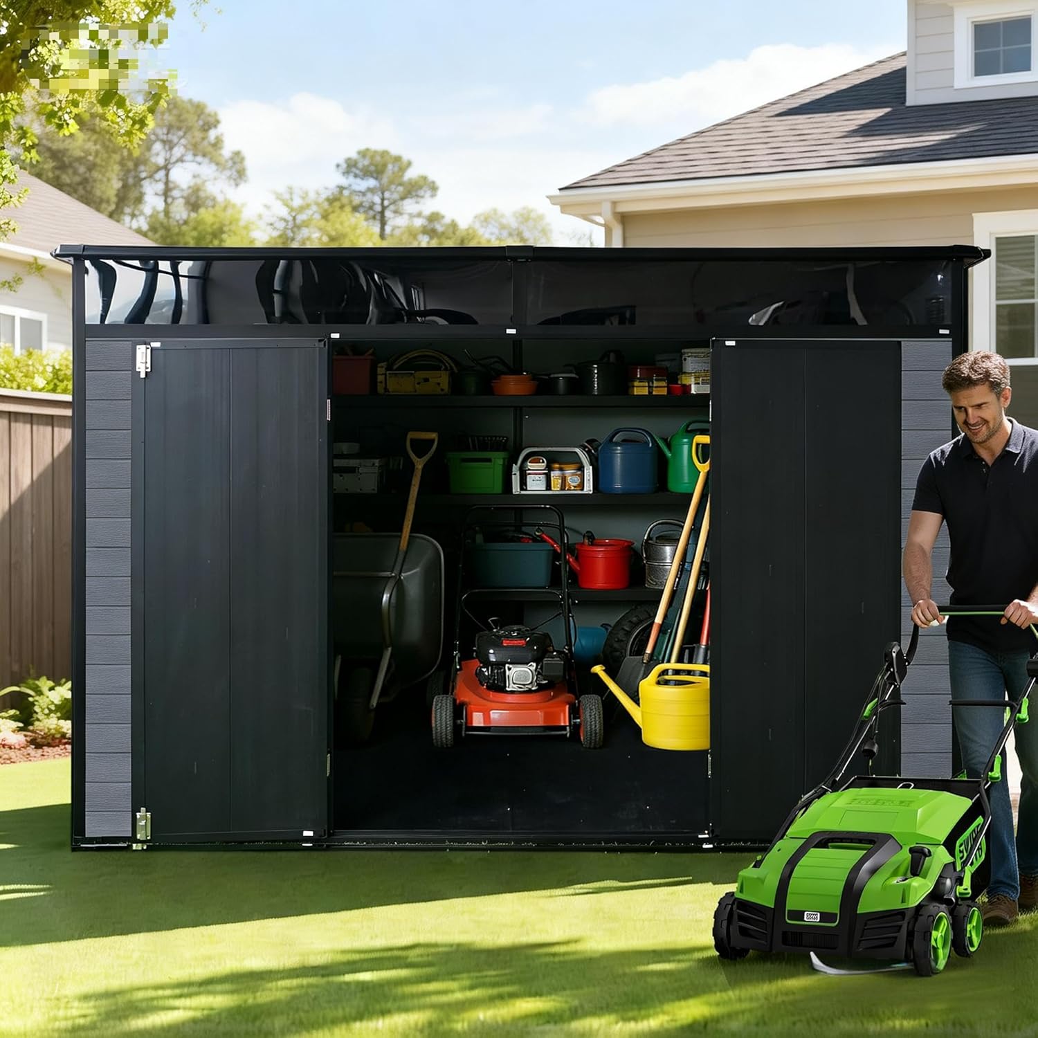 KUIKUI 10x7FT Resin Storage Shed with Floor, Outdoor Shed with Lockable Door and 1 Windows for Garden Tools, Bike, Grey and Black