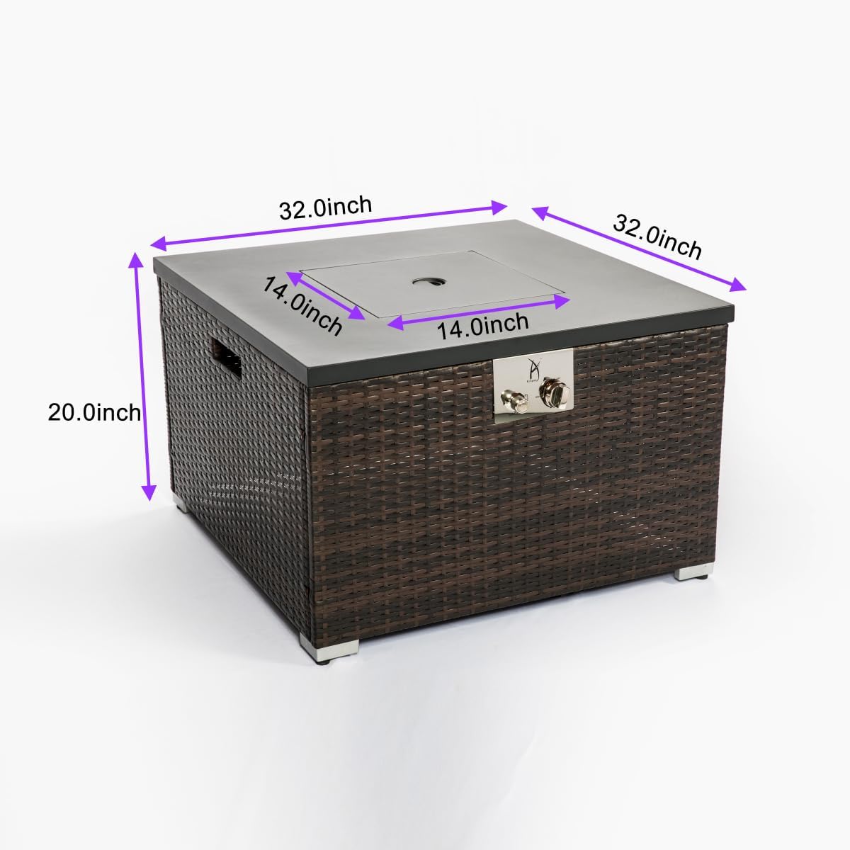 32-inch Square Propane Fire Pit Table with Tank Cover, 50,000 BTU Outdoor Steel Fire Pit with Wicker Base for Patio, Deck, Garden - Black & Brown