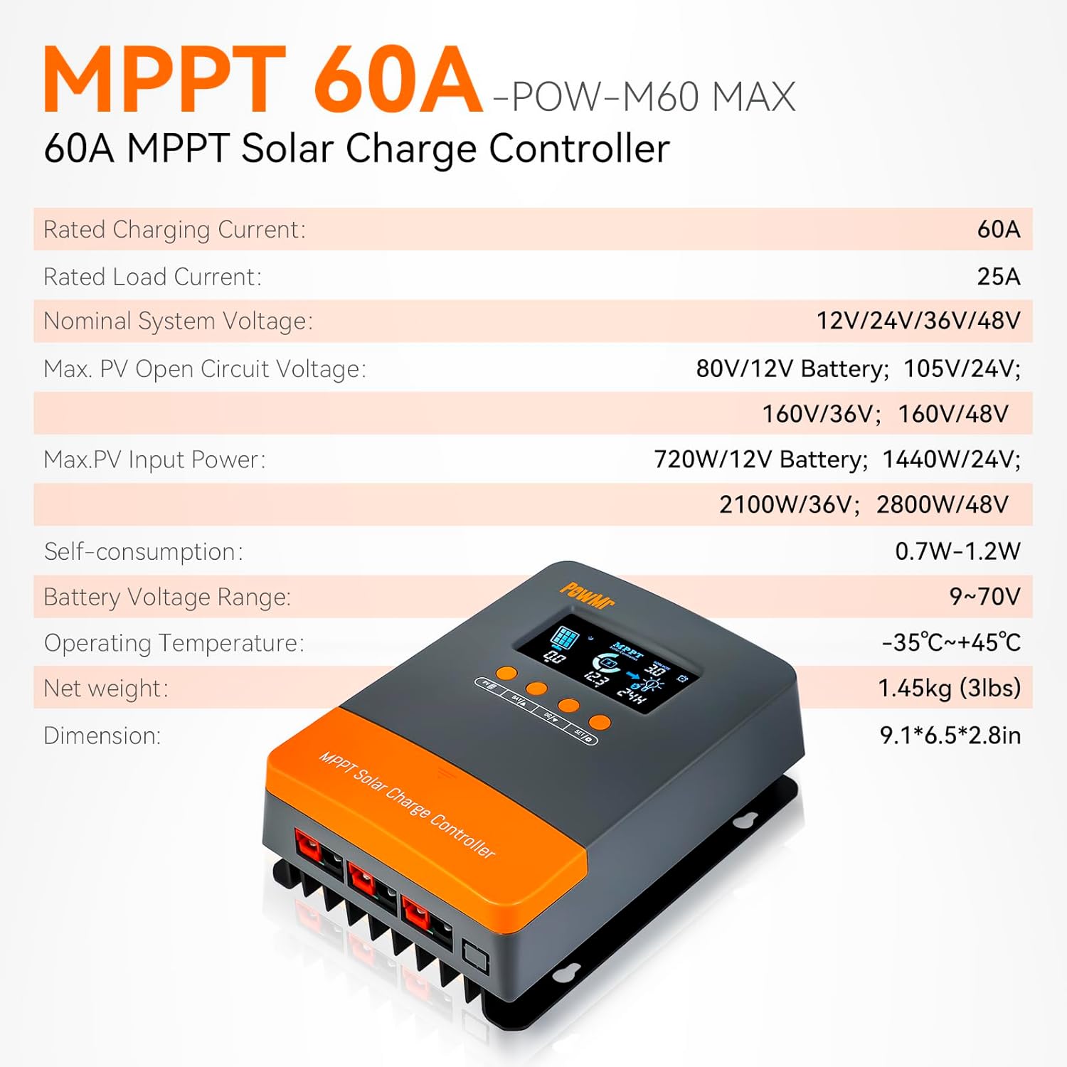 60A MPPT Charge Controller 12V 24V 36V 48V Auto, Solar Charge Controller Regulator 60amp w/Large LCD Display & 10AWG Solar Extension Cable 10 Feet