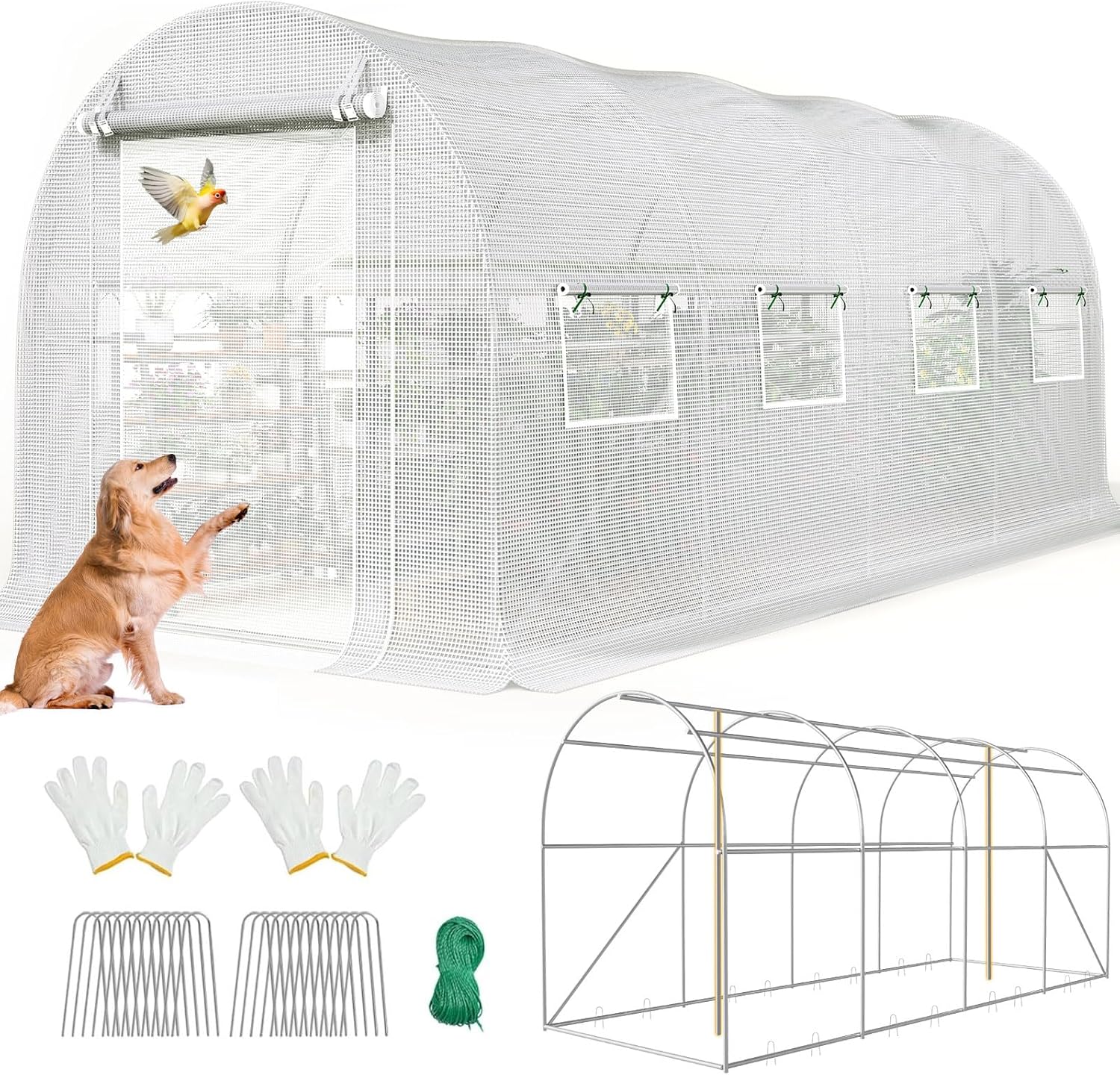 KING BIRD Premium 15x6.6x6.6FT Greenhouse for Outdoors, Large Walk-in Heavy Duty Galvanized Frame, Screen Mesh Door Window Reinforced Zipper Tunnel Hoop for Garden Plant Winter, White