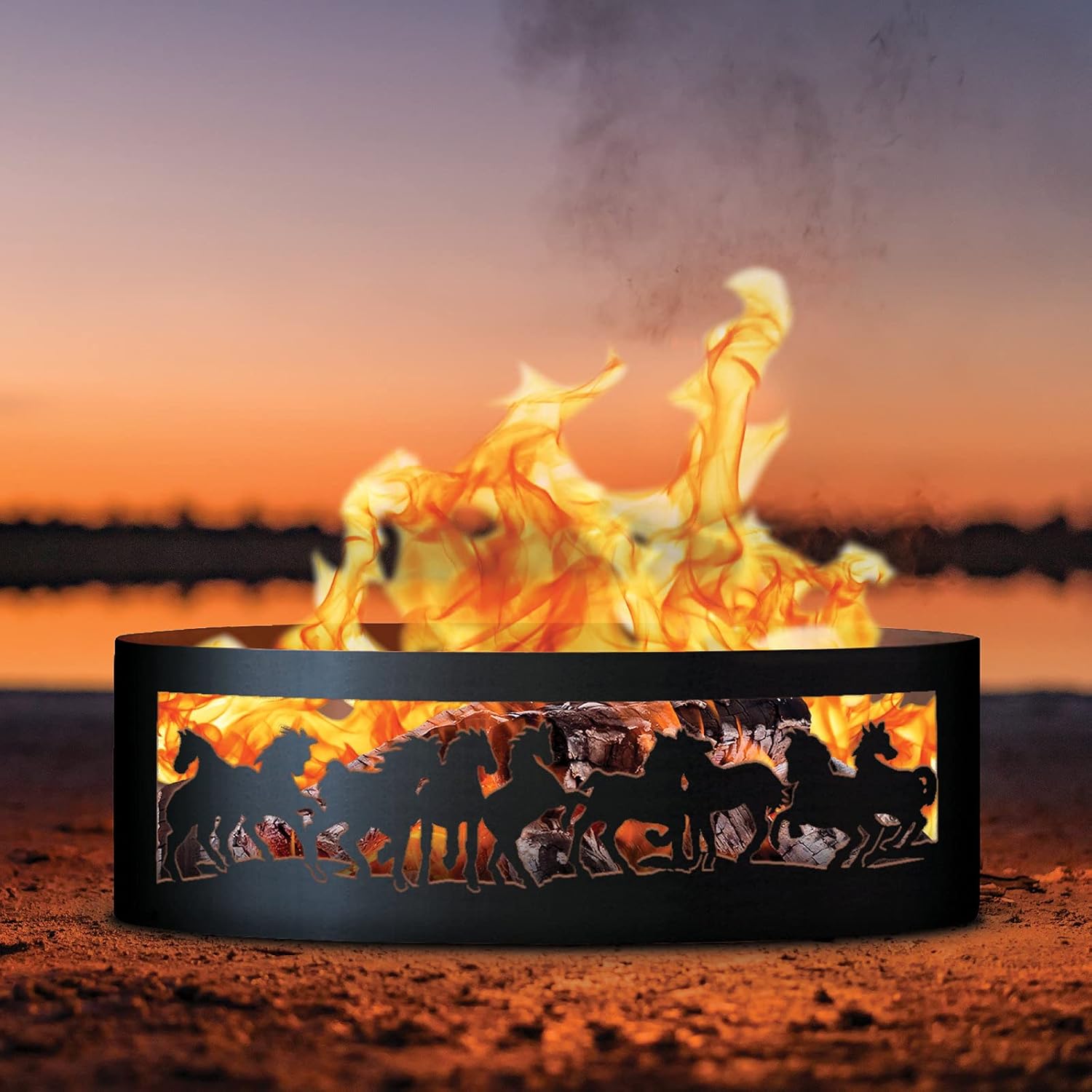 PD Metals MR00430-FP Mustangs Unpainted 12 in. Tall 30 in. Diameter Outdoor Fire Ring with Fire Poker - 30 x 30 x 12 in. - Rustic Black Color