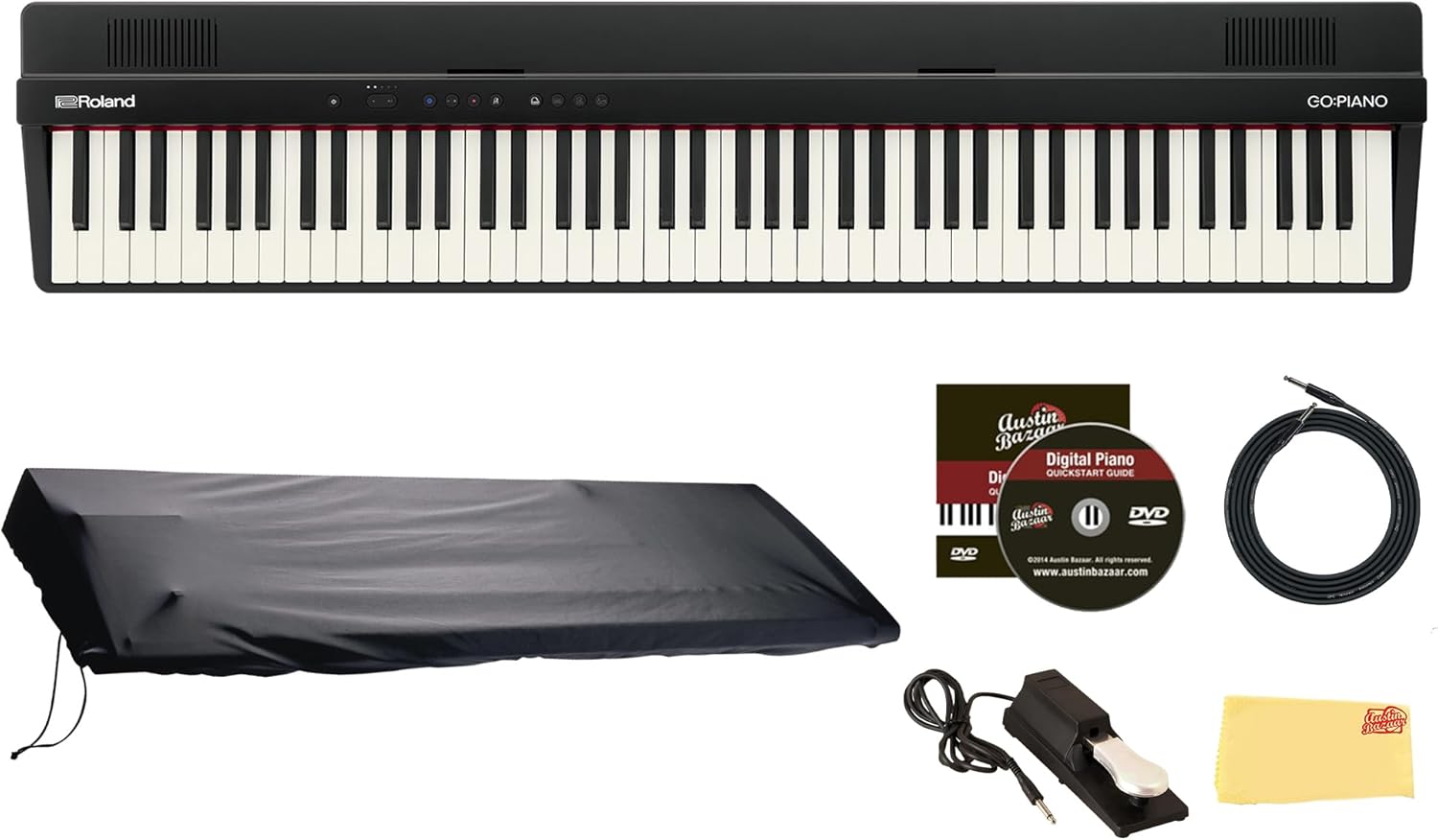 Roland GO-88PX 88-Key Digital Piano Bundle with Sustain Pedal, Cover, Cable, Austin Bazaar Instructional DVD, and Polishing Cloth