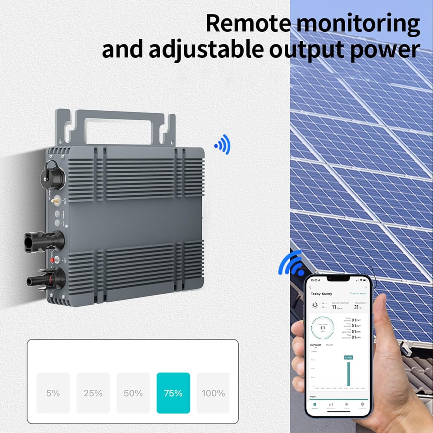 Grid Tie Solar Power Inverter, 550W APP Control Single Phase Solar Grid Tie Micro Inverter Remote Monitoring and Control Solar Grid Micro Inverter