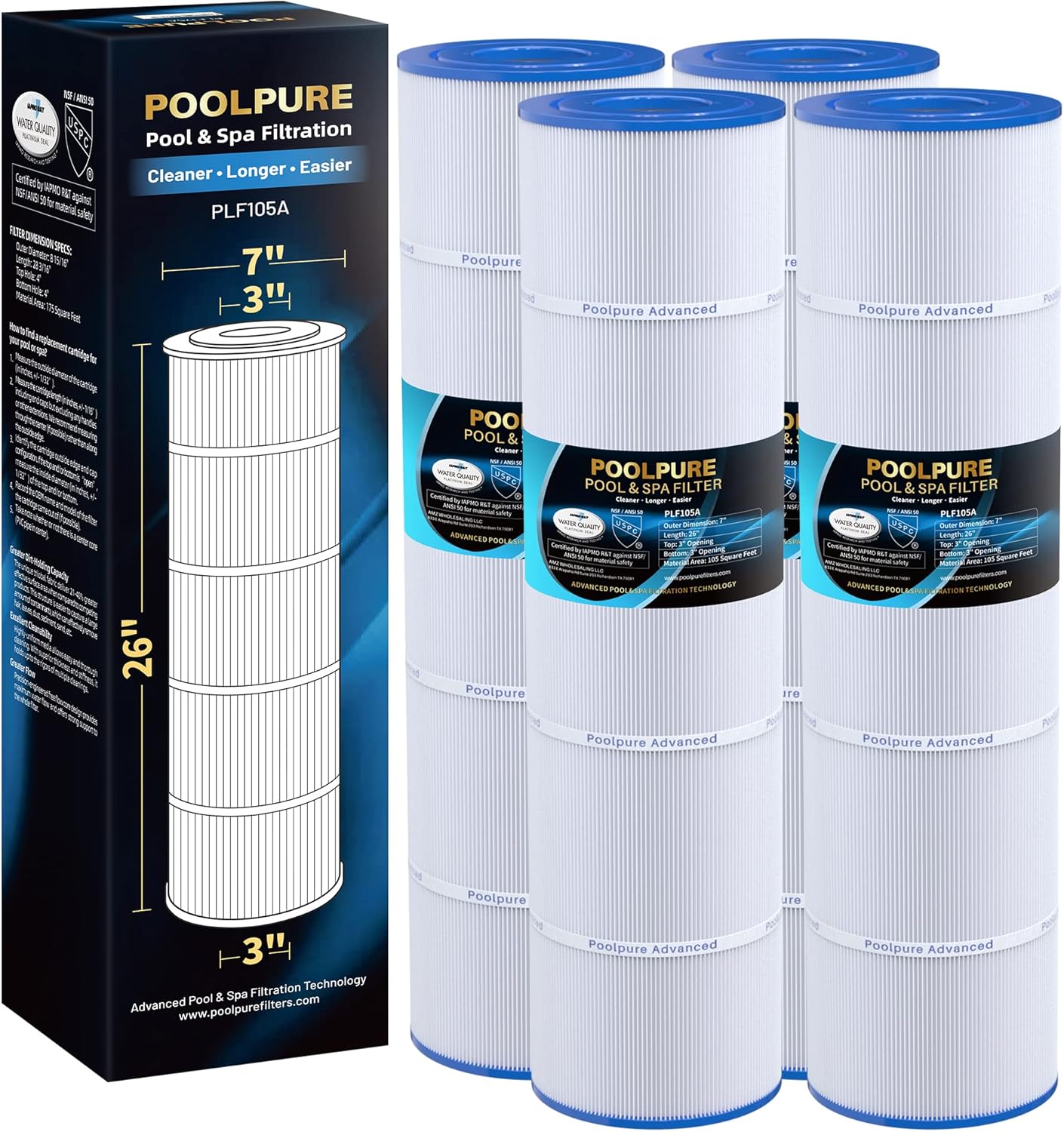 POOLPURE PCC105-PAK4 Replaces Pentair CCP420, 178584, Ultral-A6, Unicel C-7471, 817-0106, R173576, Filbur FC-1977, 570-0425-07, Pentair Clean and Clear Plus 420, L x OD: 26