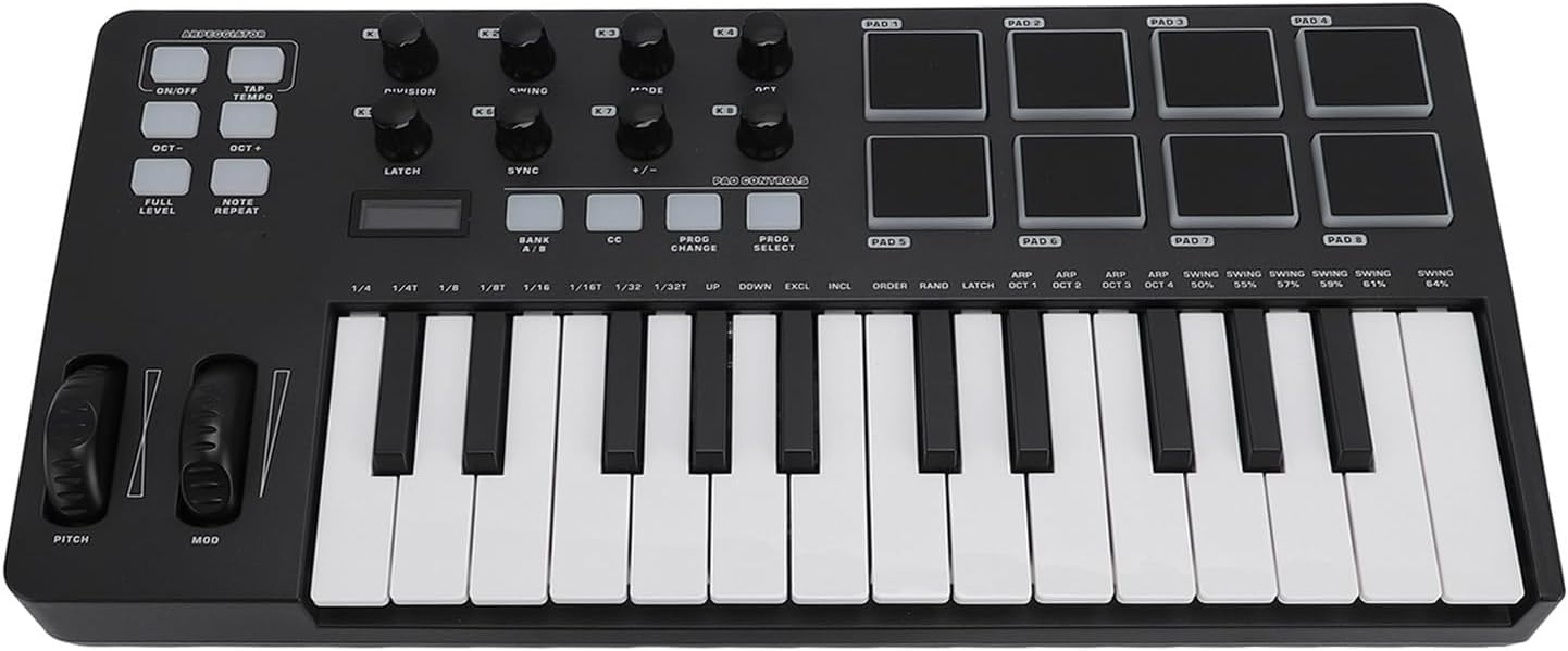 Focket USB MIDI Keyboard Controller, 25 Key with Arpeggiator Chord Mode for Integration Music Production Backlit Drum Pads Velocity Sensitive Keys Compact Lightweight Portable for