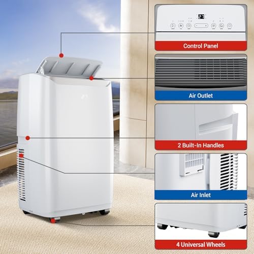 GlowSol 12,000 BTU Portable Air Conditioner with 3-in-1 Cooling, Dehumidifier, and Fan Functions, Covers up to 550 Sq.Ft, Quiet Operation, Remote Control and Digital Display Included，White