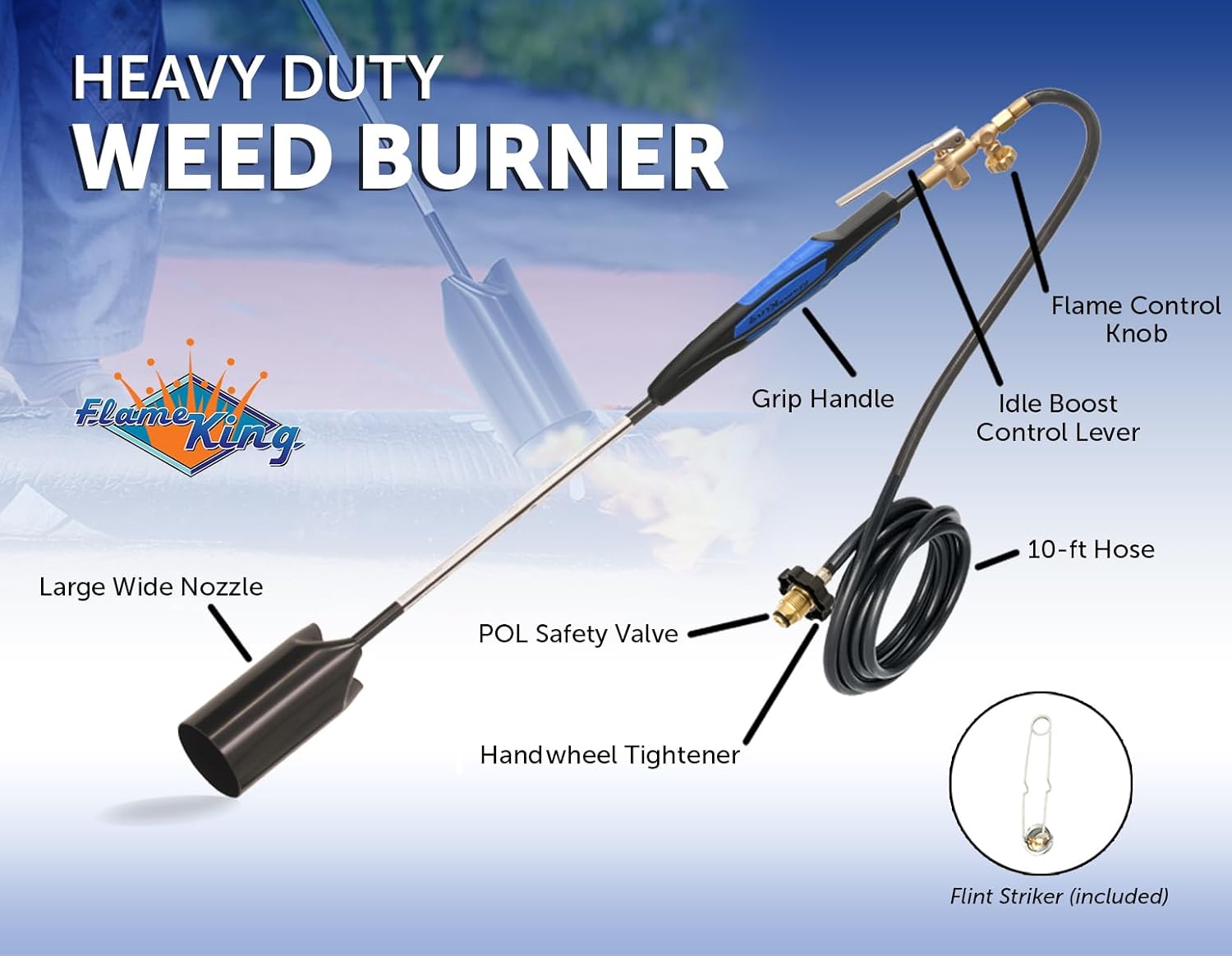 Flame King Propane Torch Kit Heavy Duty Weed Burner, 500,000 BTU with Flint Striker, with 10-ft Hose Regulator Assembly